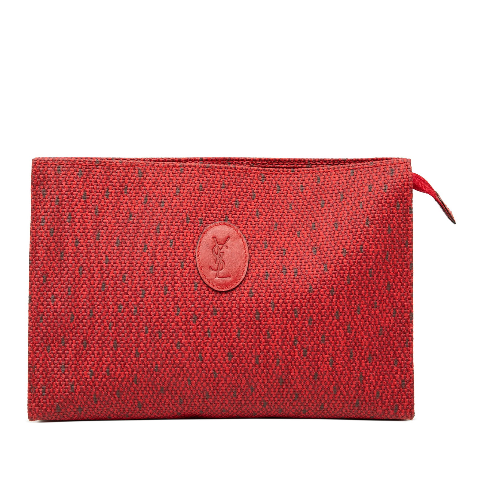 Red Canvas Pouch by Saint Laurent with Zip Top Closure: Red Canvas Pouch by Saint Laurent with Zip Top Closure This Saint Laurent clutch features a canvas body in red with a top zip closure. The bag shows signs of wear including cracked and worn exterior c