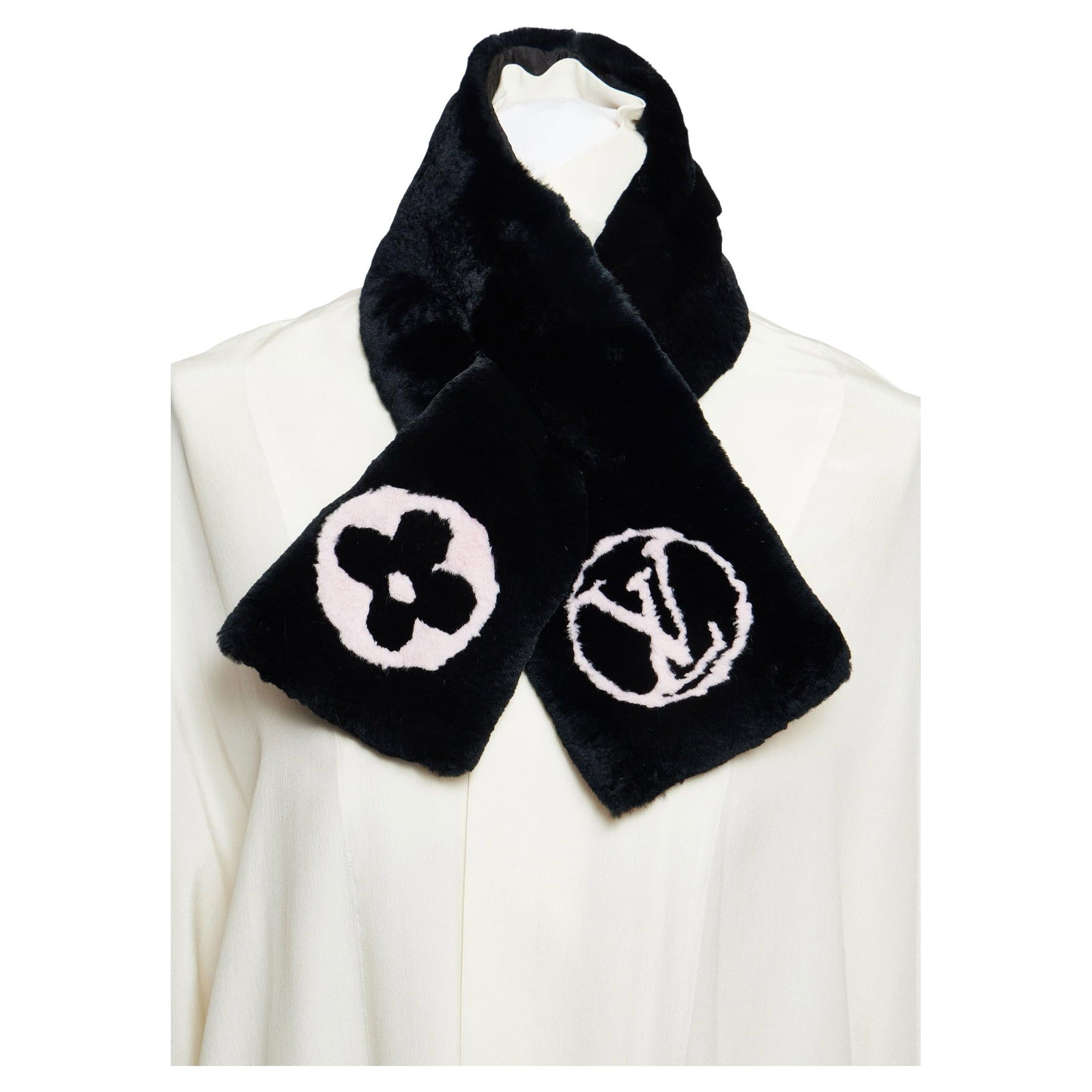 Louis Vuitton Black Rabbit Logo Scarf 6.5 x 36 inches: Louis Vuitton Black Rabbit Logo Scarf 6.5 x 36 inches Elevate your accessory collection with this exquisite Louis Vuitton Black Rabbit Logo Scarf. Crafted from ultra-soft materials, this neck warmer f
