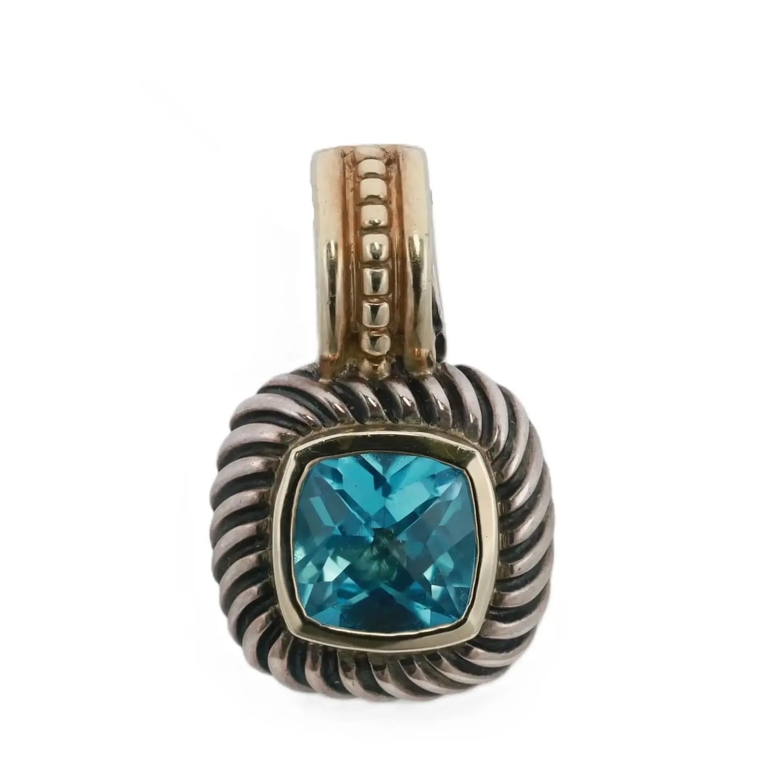 David Yurman Albion Pendant with Blue Topaz Sterling Silver and 14K Gold: David Yurman Albion Pendant with Blue Topaz Sterling Silver and 14K Gold This David Yurman pendant features a cushion-cut Albion Blue Topaz centerpiece set in a bezel style. Crafted from 925 sterling 