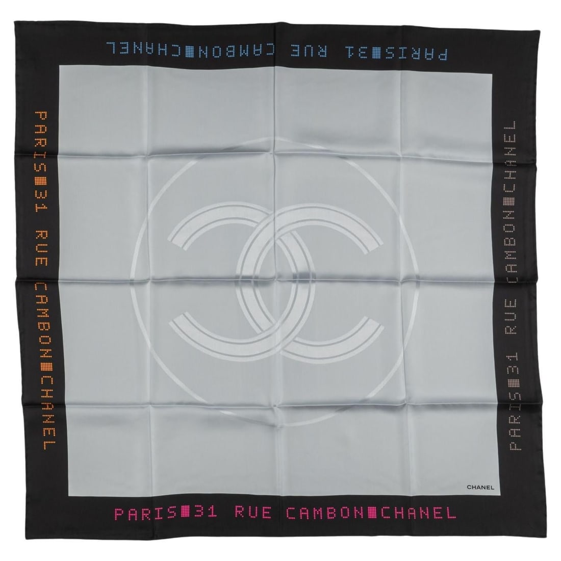 Chanel CC Logo Silk Scarf Ice Grey Black 34 in: Chanel CC Logo Silk Scarf Ice Grey Black 34 in Chanel CC Logo scarf in ice grey with a black border, crafted in 100% silk with hand-rolled edges. Made in Italy. Condition is un-used. Specifications Br