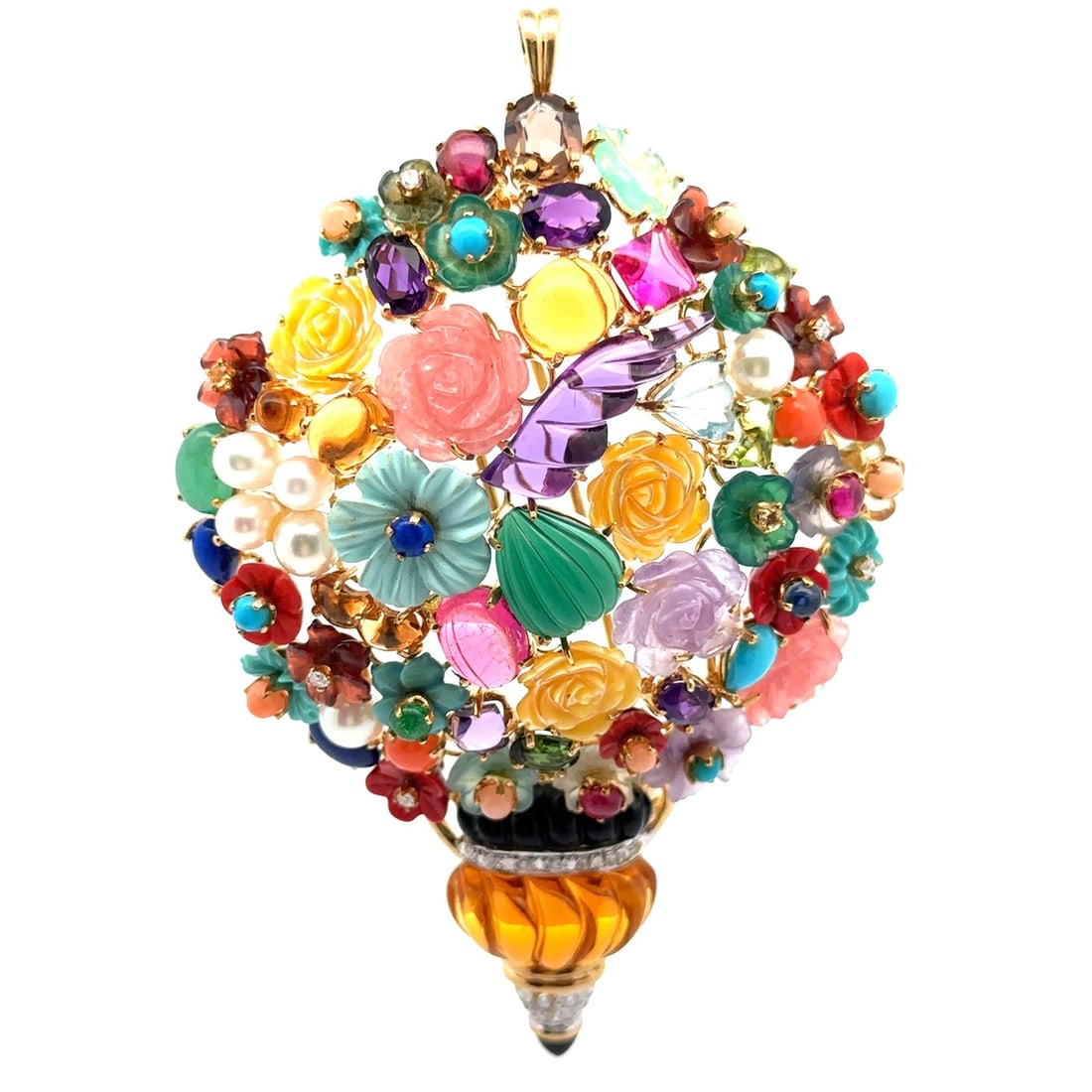 18k Yellow Gold Flower Vase Brooch Pendant with Pearls and Gemstones: 18k Yellow Gold Flower Vase Brooch Pendant with Pearls and Gemstones This vintage brooch pendant is crafted from solid 18k yellow gold and features a vibrant floral bouquet design. It is adorned with 