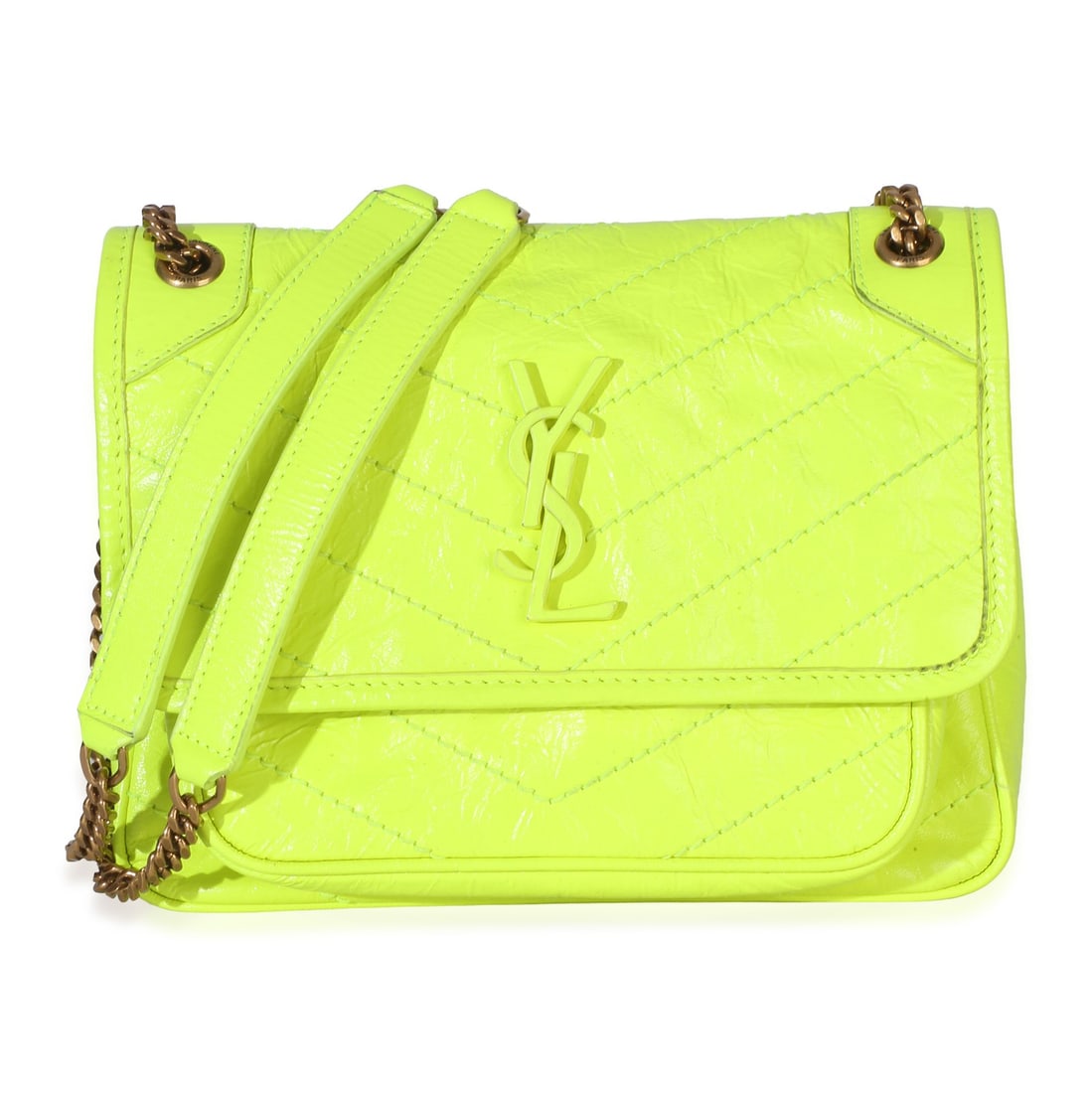 Saint Laurent Niki Small Yellow Leather Chain Shoulder Bag: Saint Laurent Niki Small Yellow Leather Chain Shoulder Bag This Saint Laurent Niki Baby Chain Satchel is crafted in yellow crinkled calfskin with a matelasse finish. It features a magnetic snap closur