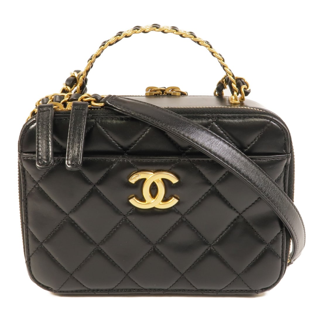 CHANEL AS3222 Lambskin Vanity Shoulder Bag with Top Handle Black: CHANEL AS3222 Lambskin Vanity Shoulder Bag with Top Handle Black A CHANEL vanity top handle shoulder bag in black lambskin leather with gold-tone hardware. It features a top handle and shoulder strap,