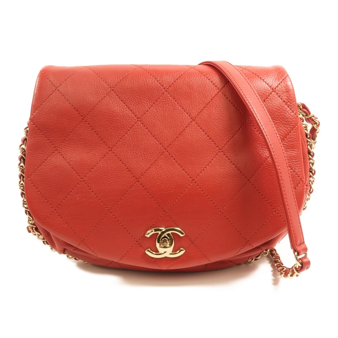 CHANEL Chain Around CC Shoulder Bag Red Calfskin Leather: CHANEL Chain Around CC Shoulder Bag Red Calfskin Leather CHANEL shoulder bag in red calfskin (cowhide) with CC GHW chain-around design. It features a turn lock closure, an inside zip pocket, and comes
