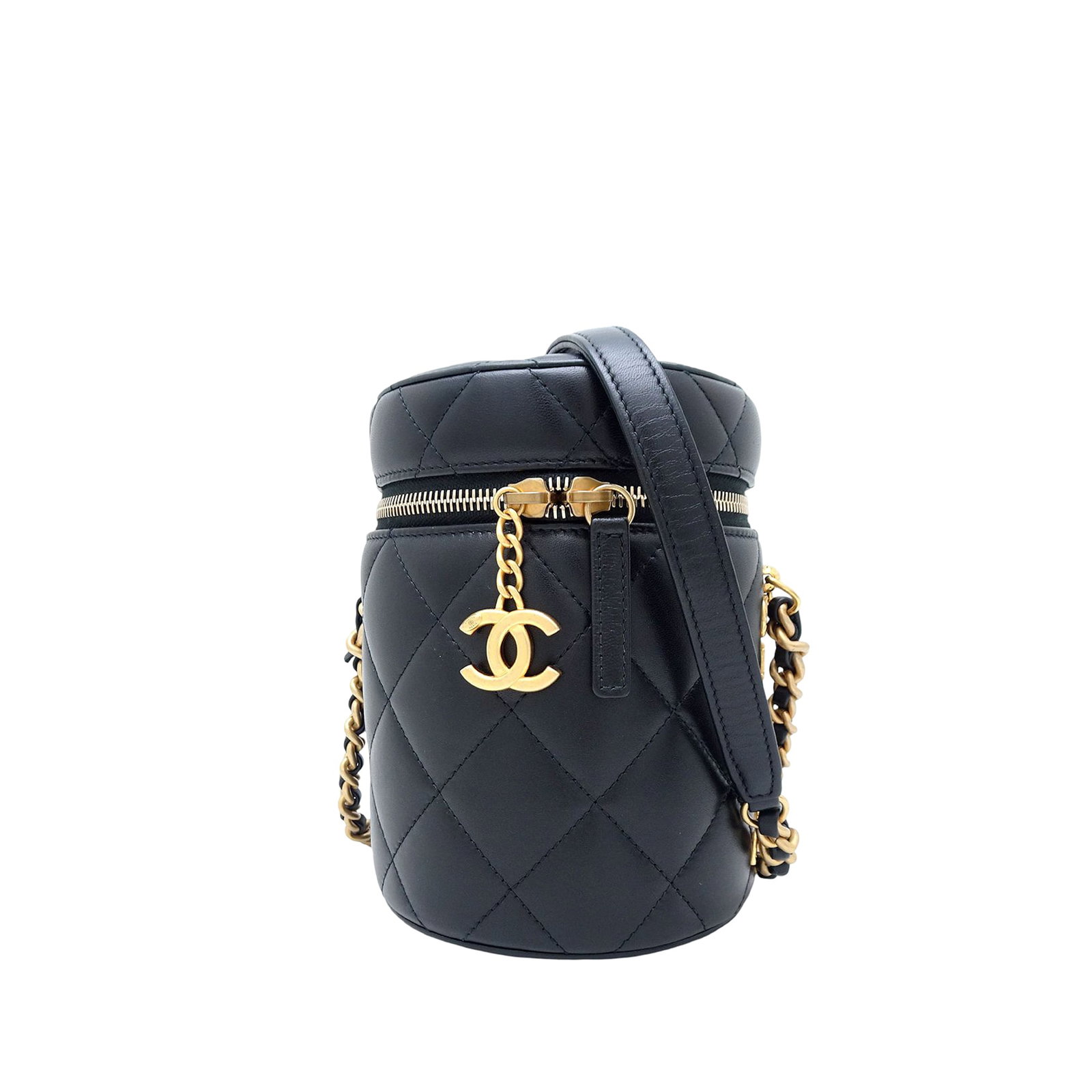 Chanel black quilted lambskin vanity crossbody bag: Chanel black quilted lambskin vanity crossbody bag This Chanel Small Quilted Lambskin Side Note Vanity Case is crafted from black quilted lambskin leather and features a leather-woven chain strap and 