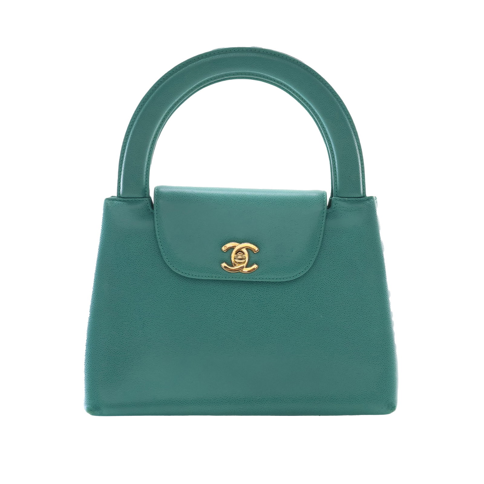 Chanel Kelly Flap Top Handle Bag Green Caviar Leather: Chanel Kelly Flap Top Handle Bag Green Caviar Leather A Chanel Kelly Top Handle Flap bag in caviar leather with flat leather top handles and a flap with twist lock closure. It features interior zip an