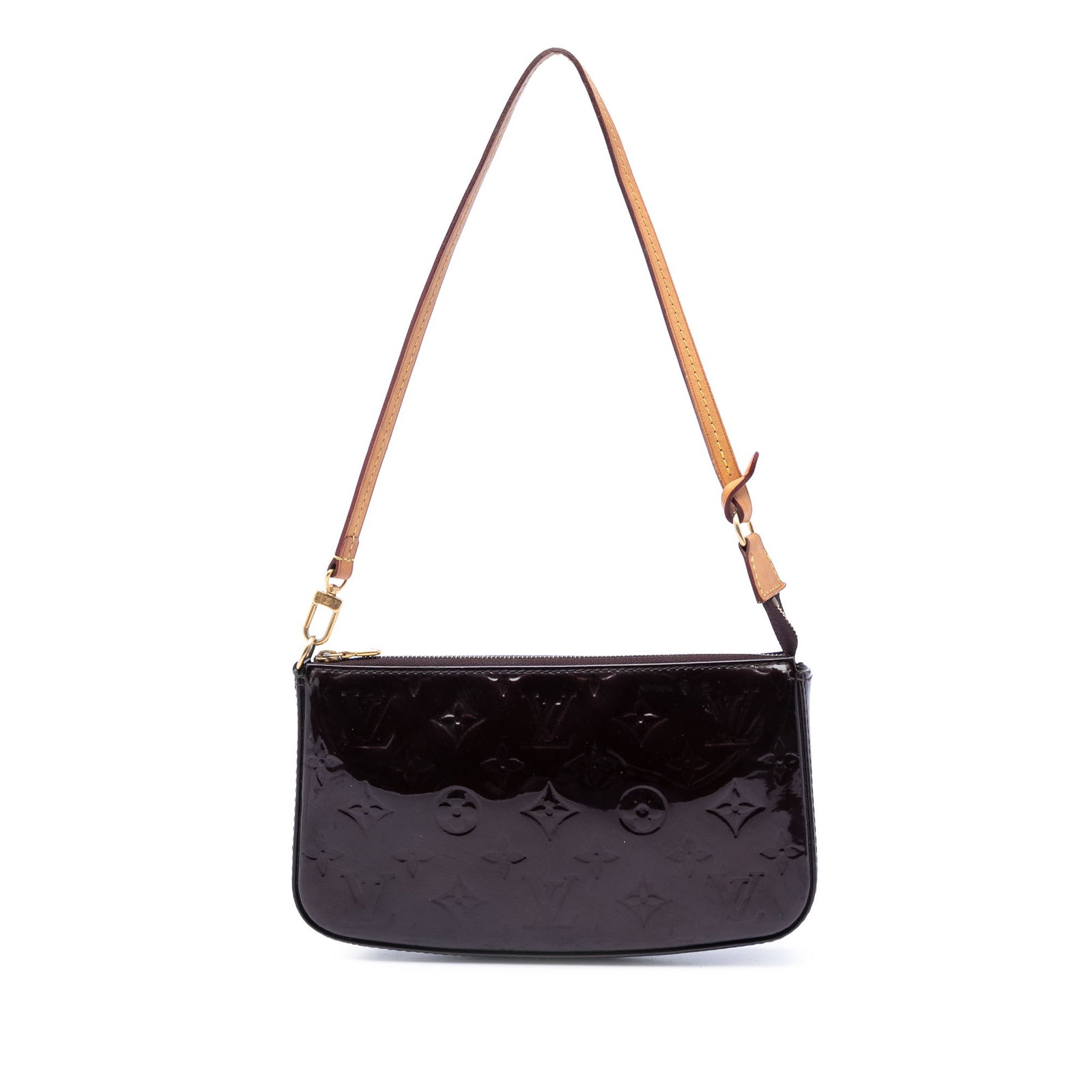 Louis Vuitton Monogram Vernis Leather Pochette Accessoires Bag: Louis Vuitton Monogram Vernis Leather Pochette Accessoires Bag Louis Vuitton Monogram Vernis Pochette Accessoires in purple leather with a flat vachetta leather strap, top zip closure, and interior sl
