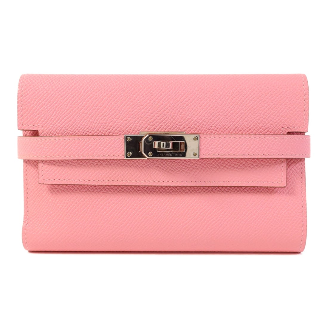 Hermes Kelly Tri Fold Wallet Pink Epsom Calfskin PHW: Hermes Kelly Tri Fold Wallet Pink Epsom Calfskin PHW Hermes Kelly tri-fold wallet in pink Epsom leather with calfskin (cowhide) details. It features a turn lock closure and includes card slots, open p
