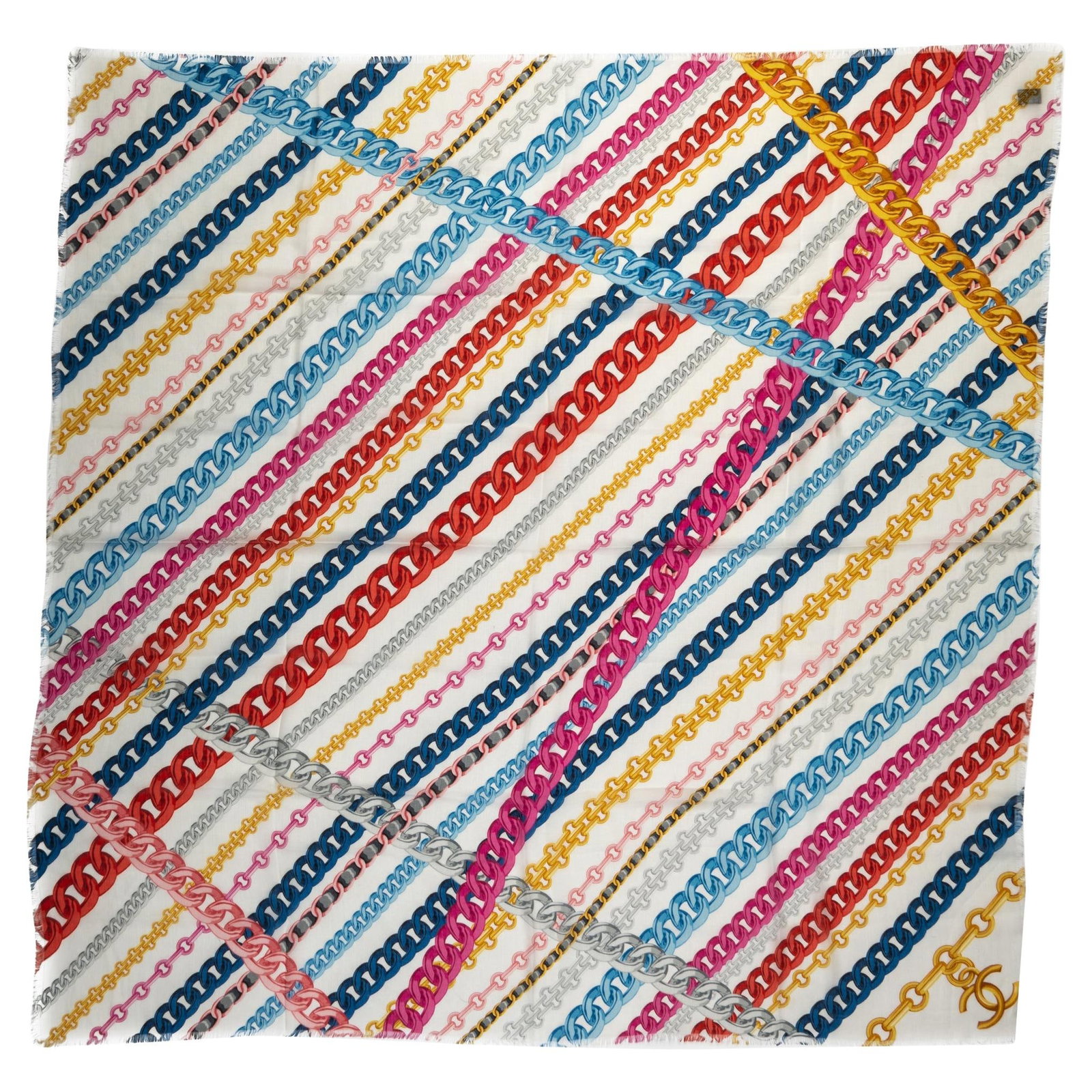 Chanel 54 inch Cashmere Silk Multicolor Chains Shawl: Chanel 54 inch Cashmere Silk Multicolor Chains Shawl Experience luxury and style with this beautiful Chanel shawl, expertly crafted from a blend of cashmere and silk. Featuring a stunning multicolor c