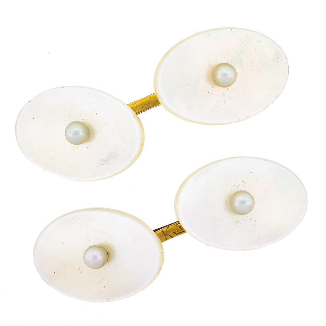 Antique 14k Yellow Gold Oval Cufflinks with Mother of Pearl and Seed Pearls: Antique 14k Yellow Gold Oval Cufflinks with Mother of Pearl and Seed Pearls These exquisite antique cufflinks are crafted from solid 14k yellow gold, showcasing an elegant oval design. Each cufflink f
