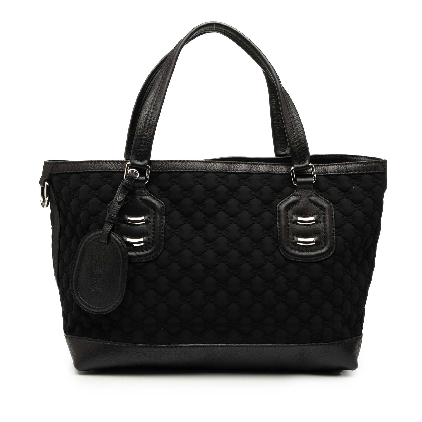 Gucci GG Neoprene Techno Tag Tote Bag Black Fabric Italy: Gucci GG Neoprene Techno Tag Tote Bag Black Fabric Italy The Gucci GG Neoprene Techno Tag Tote is a stylish and functional bag crafted from durable neoprene with leather trim. This tote features dual 
