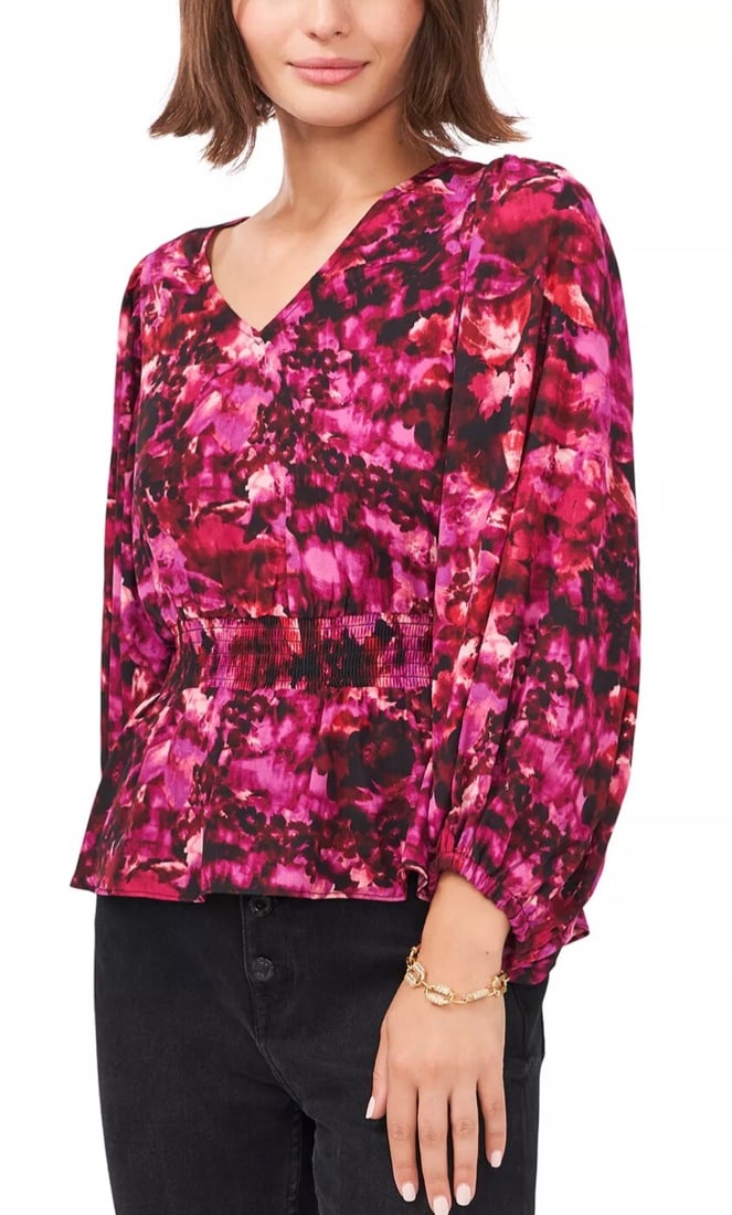 Vince Camuto Pink Floral Peplum Blouse V-Neck Smocked Waist (1 of 4)