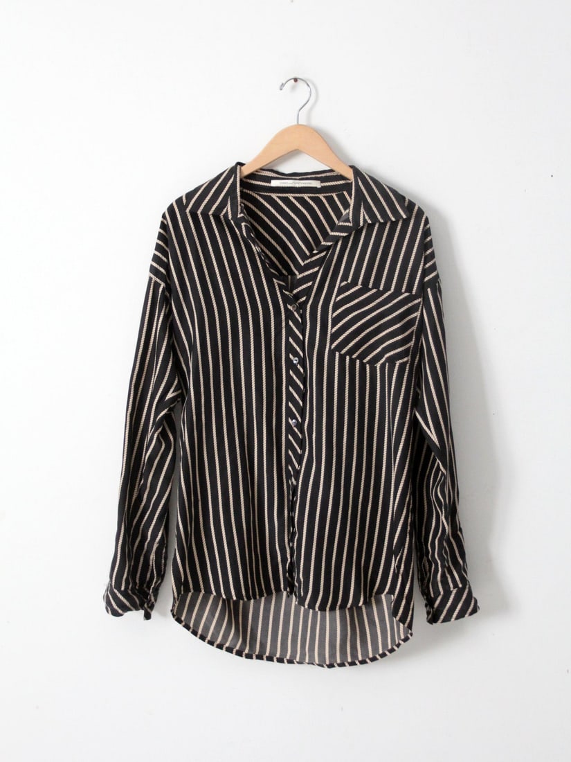 Vintage Diane von Furstenburg Silk Blouse Black Cream Stripe: Vintage Diane von Furstenburg Silk Blouse Black Cream Stripe Discover timeless elegance with this vintage Diane von Furstenburg button-down blouse. Crafted from luxurious silk, this relaxed top showca