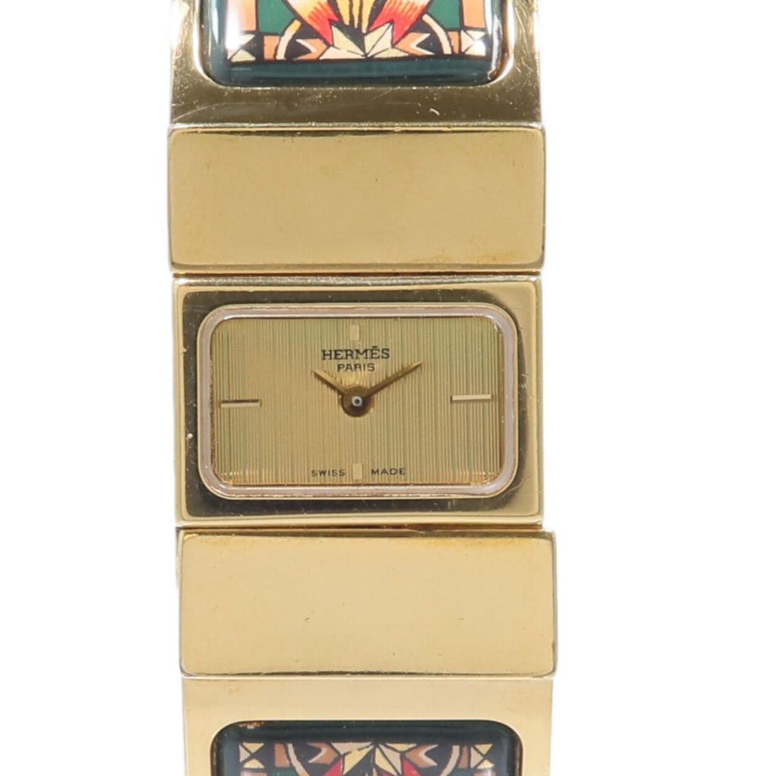 Hermes Loquet L01.201 Ladies Quartz Watch Gold Plated Enamel Green: Hermes Loquet L01.201 Ladies Quartz Watch Gold Plated Enamel Green A ladies HERMES Loquet quartz watch with a gold plated and enamel finish in green and gold. It is identified as model L01.201 and has