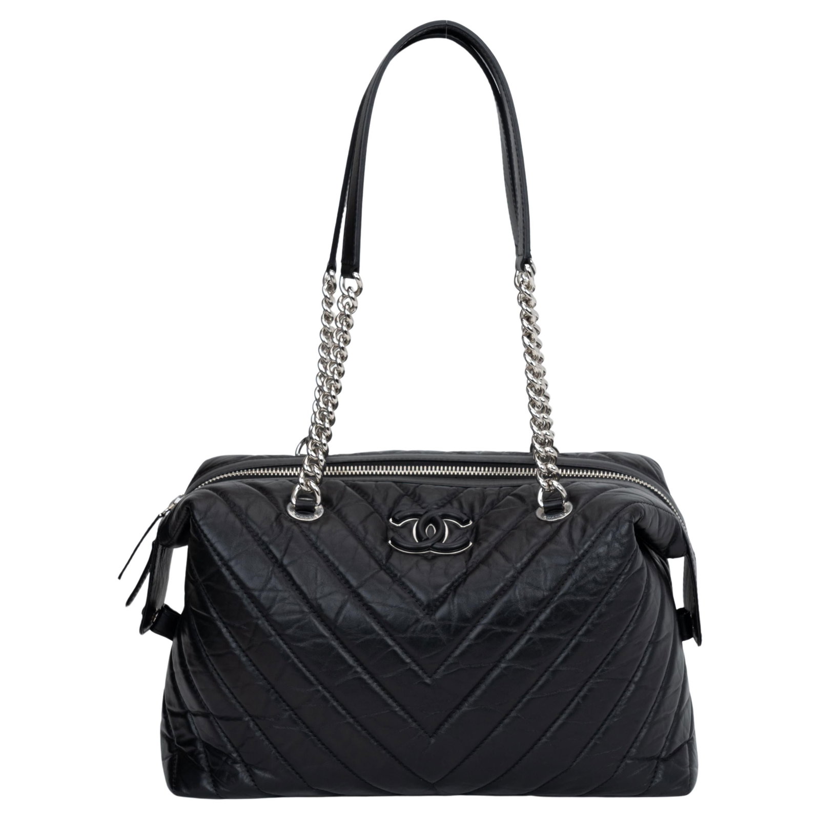 Chanel Black Chevron Leather Shoulder Bag Collection 26 with Hologram (1 of 7)