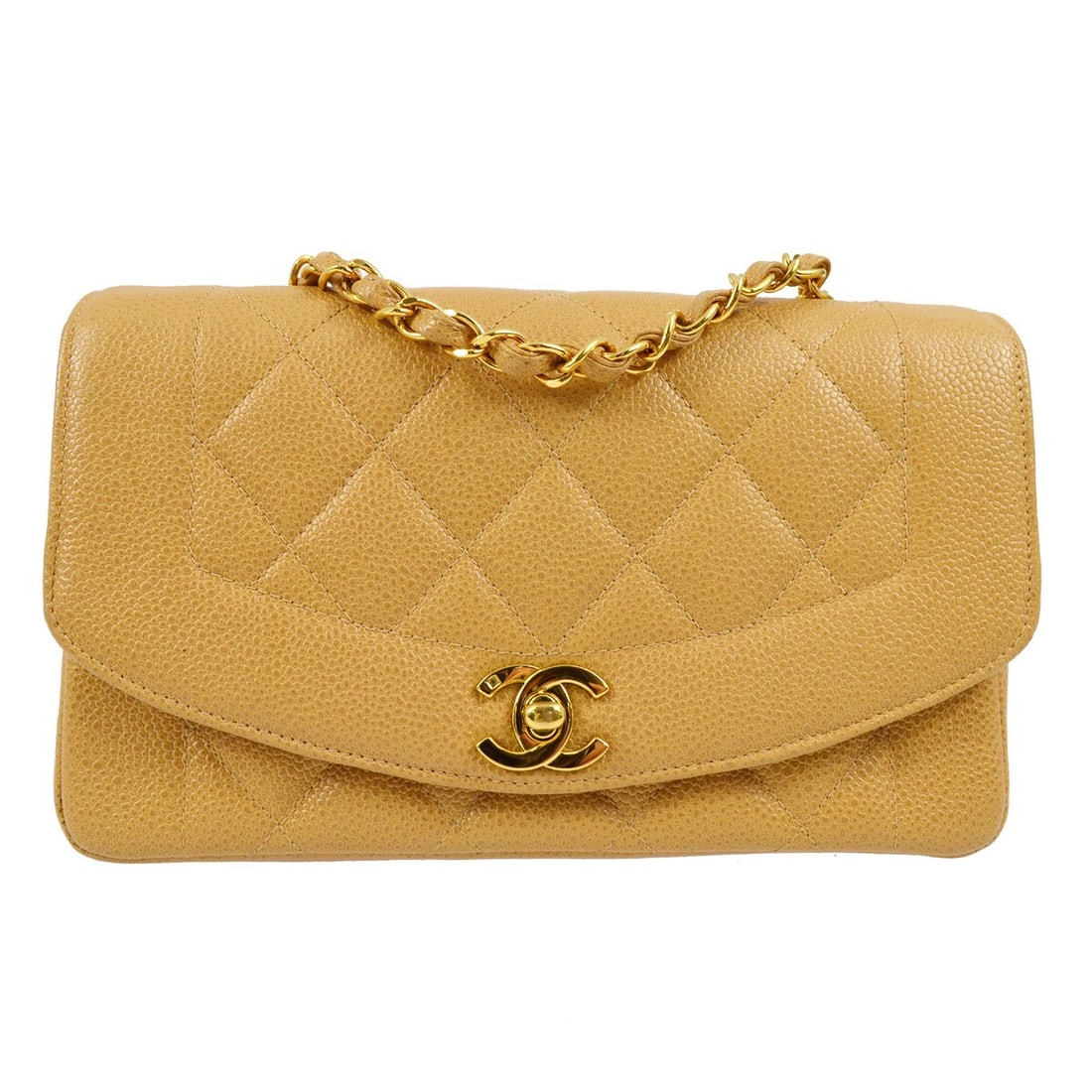 CHANEL Single Chain Shoulder Bag Small Beige Caviar Calfskin: CHANEL Single Chain Shoulder Bag Small Beige Caviar Calfskin Chanel Small Diana shoulder bag in beige caviar skin leather with a matelasse quilted exterior and flap turnlock closure. This small bag fe