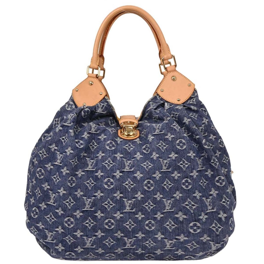 Louis Vuitton XL Shoulder Bag Blue Monogram Denim M95515: Louis Vuitton XL Shoulder Bag Blue Monogram Denim M95515 Louis Vuitton Monogram Denim XL handbag in blue Monogram denim with leather trim. This shoulder bag features double handles, an Alcantara linin