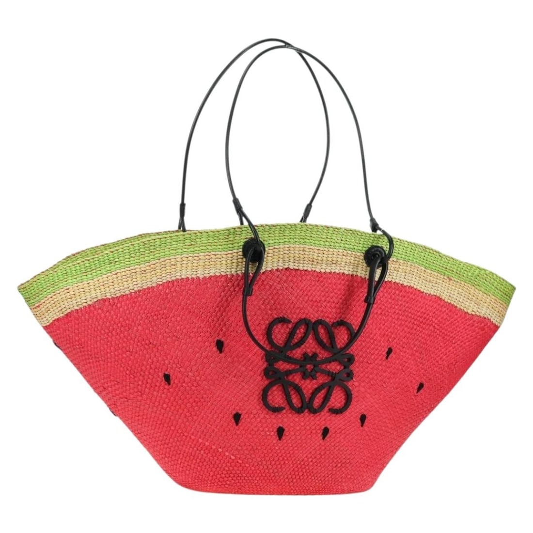LOEWE Red Wood Watermelon Tote 2way with Dust Bag: LOEWE Red Wood Watermelon Tote 2way with Dust Bag This LOEWE tote bag features a unique watermelon-inspired design and is crafted from wood with a striking red exterior. Designed for versatility, it o