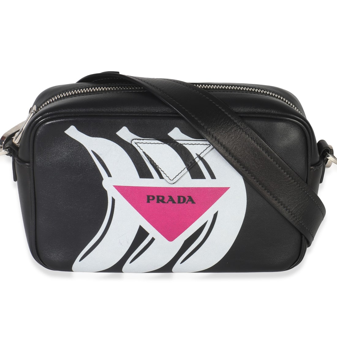 Prada Banana Logo Leather Crossbody Bag in Black and Pink: Prada Banana Logo Leather Crossbody Bag in Black and Pink This Prada crossbody bag features a distinctive black and pink color scheme with a playful banana logo design. Crafted from calfskin leather, 