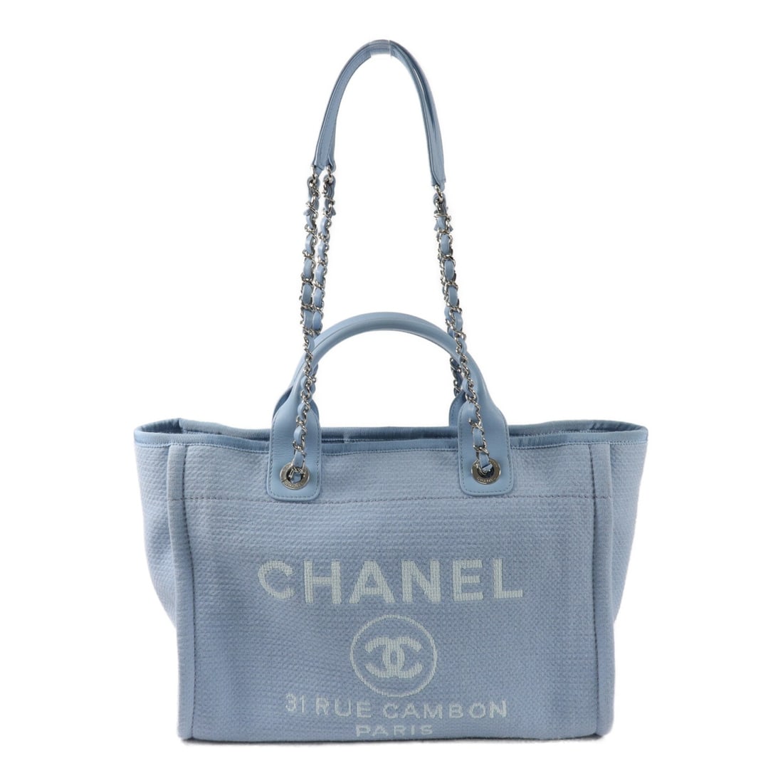 Chanel AS3351 Deauville MM 2 Way Canvas Tote Shoulder Bag Blue: Chanel AS3351 Deauville MM 2 Way Canvas Tote Shoulder Bag Blue A CHANEL Deauville Tote MM chain 2-way shoulder handbag in blue and light blue canvas. It features a magnetic pocket, two inside open poc