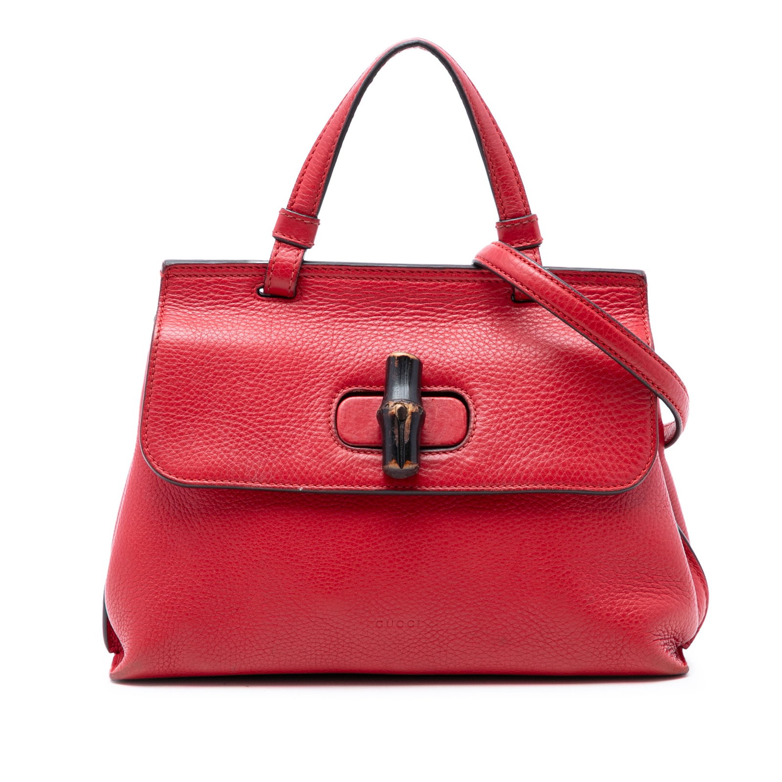 Gucci Bamboo Daily Satchel Small Calfskin Red: Gucci Bamboo Daily Satchel Small Calfskin Red This Gucci Small Calfskin Bamboo Daily Satchel is crafted from leather and features a flat top handle, a detachable and adjustable flat leather strap, and