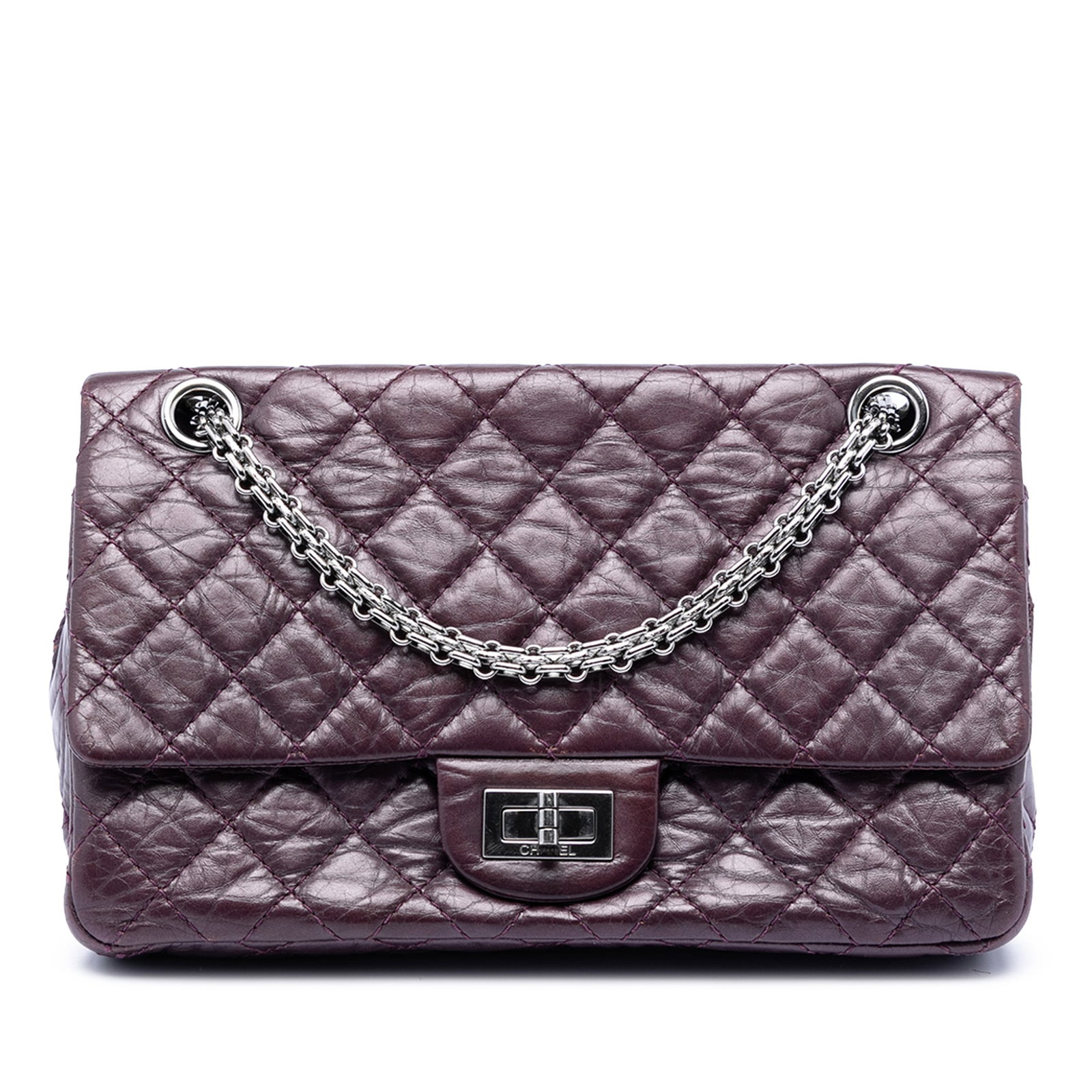 Chanel Reissue 2.55 Double Flap 225 Quilted Aged Calfskin Shoulder Bag: Chanel Reissue 2.55 Double Flap 225 Quilted Aged Calfskin Shoulder Bag This Chanel Quilted Aged Calfskin Reissue 2.55 Double Flap 225 shoulder bag features a quilted calfskin leather body in purple, s