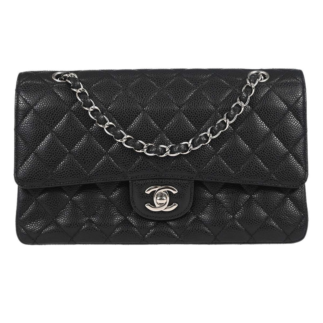 CHANEL Classic Double Flap Medium Shoulder Bag Black Caviar Leather: CHANEL Classic Double Flap Medium Shoulder Bag Black Caviar Leather Chanel Classic Double Flap medium shoulder bag in black caviar skin leather with matelasse quilting, a turnlock closure, leather lin