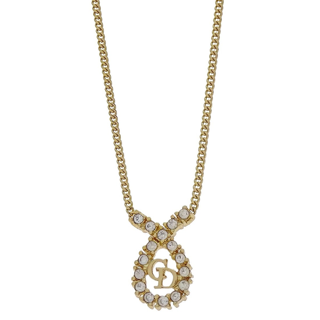 Dior Gold Plated Pendant Necklace with Rhinestone Charm: Dior Gold Plated Pendant Necklace with Rhinestone Charm Vintage Christian Dior pendant necklace in gold plated metal with a rhinestone charm. This necklace features a classic pendant style and is pres