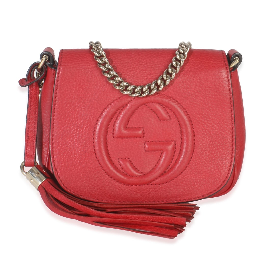 Red Leather Small Soho Flap Shoulder Bag by Gucci with Tassel Accent: Red Leather Small Soho Flap Shoulder Bag by Gucci with Tassel Accent This Gucci Small Soho Flap Bag is crafted from red pebbled calfskin leather with a gold-tone interlocking G logo detail. The should