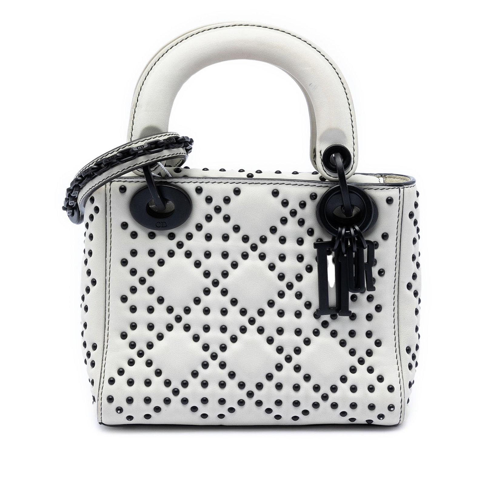 Dior Lady Dior Mini White Studded Leather Bag with Chain Strap: Dior Lady Dior Mini White Studded Leather Bag with Chain Strap This Mini Ultra Matte Calfskin Cannage Studded Supple Lady Dior bag features a white studded leather body, flat leather handles, a detach