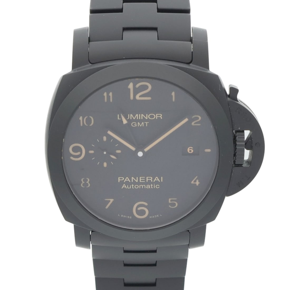 Ceramic 44mm Automatic GMT Watch Panerai Tuttonero Luminor PAM01438: Ceramic 44mm Automatic GMT Watch Panerai Tuttonero Luminor PAM01438 Panerai Tuttonero Luminor GMT PAM01438 automatic watch in black ceramic with a black-on-black color scheme. It features automatic wi