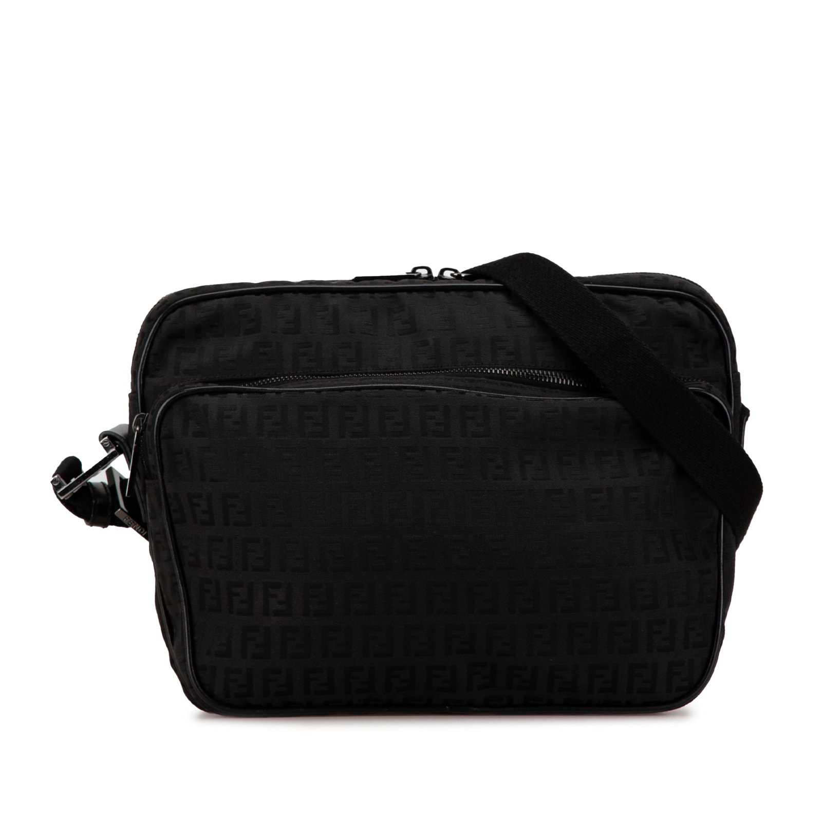 Fendi Zucchino Pattern Black Fabric Messenger Bag: Fendi Zucchino Pattern Black Fabric Messenger Bag This Fendi Zucchino Canvas Crossbody bag features a black canvas body with leather trim and a distinctive patterned design. It is designed with a flat