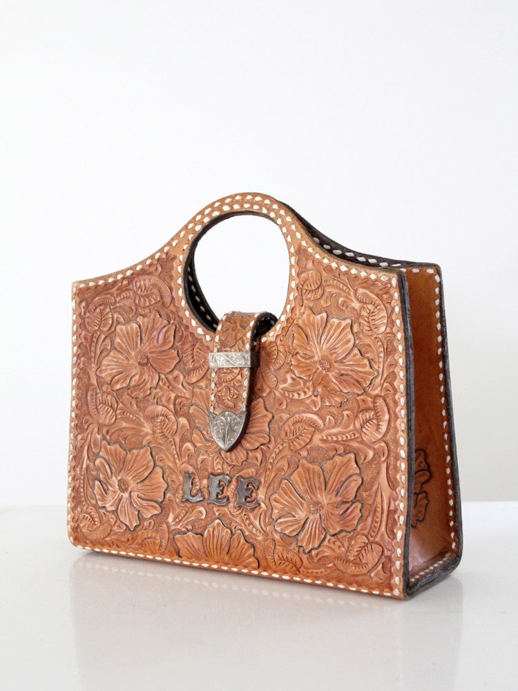 1950s Caramel Tooled Leather LEE Handbag (1 of 8)