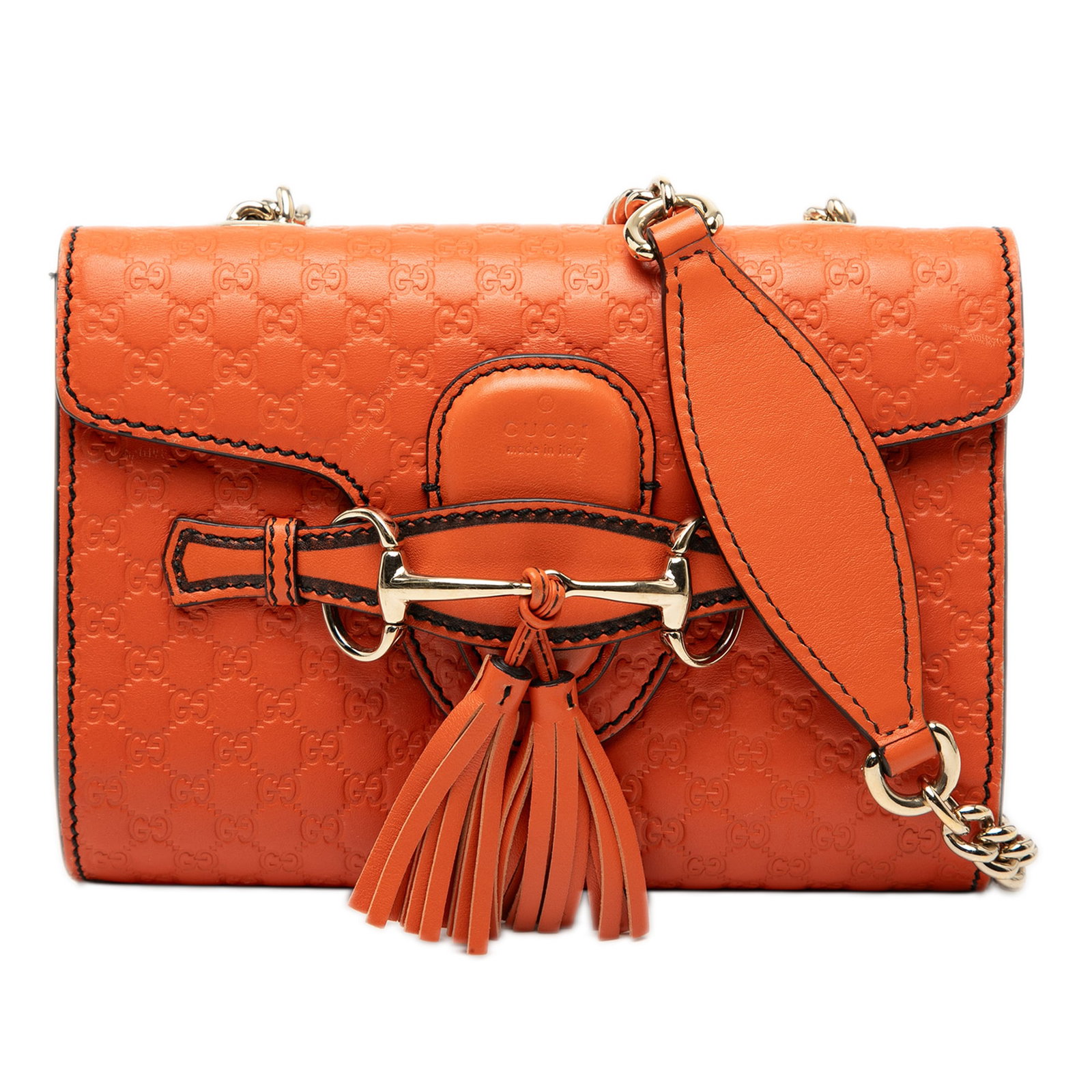 Gucci orange Mini Emily leather chain crossbody bag: Gucci orange Mini Emily leather chain crossbody bag This Gucci Mini Microguccissima Emily Crossbody features an embossed leather body in orange, complemented by a chain link strap with a leather guard