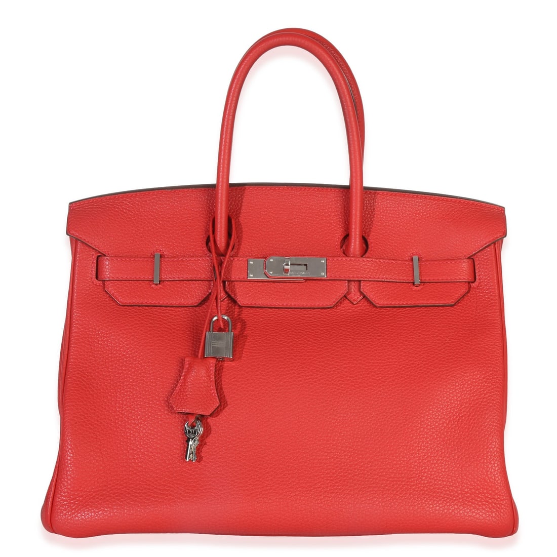 Hermes Birkin 35 Rouge Casaque Togo Leather Silver Tone Hardware: Hermes Birkin 35 Rouge Casaque Togo Leather Silver Tone Hardware This Hermes Birkin 35 handbag is crafted from Rouge Casaque Togo leather and features silver-tone hardware. The bag is designed with a 
