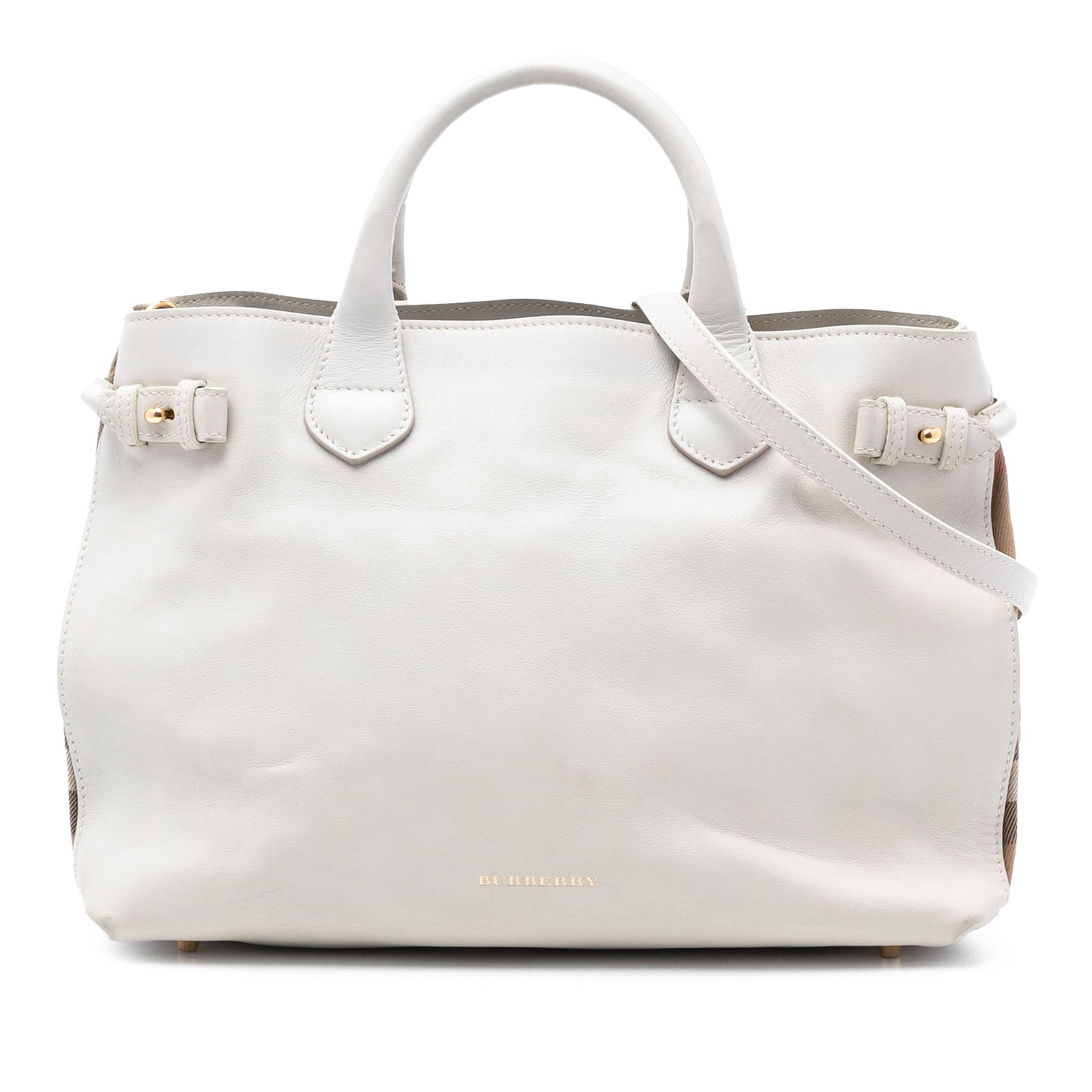 Burberry Banner Medium Satchel White Leather with House Check Canvas Trim (1 of 8)