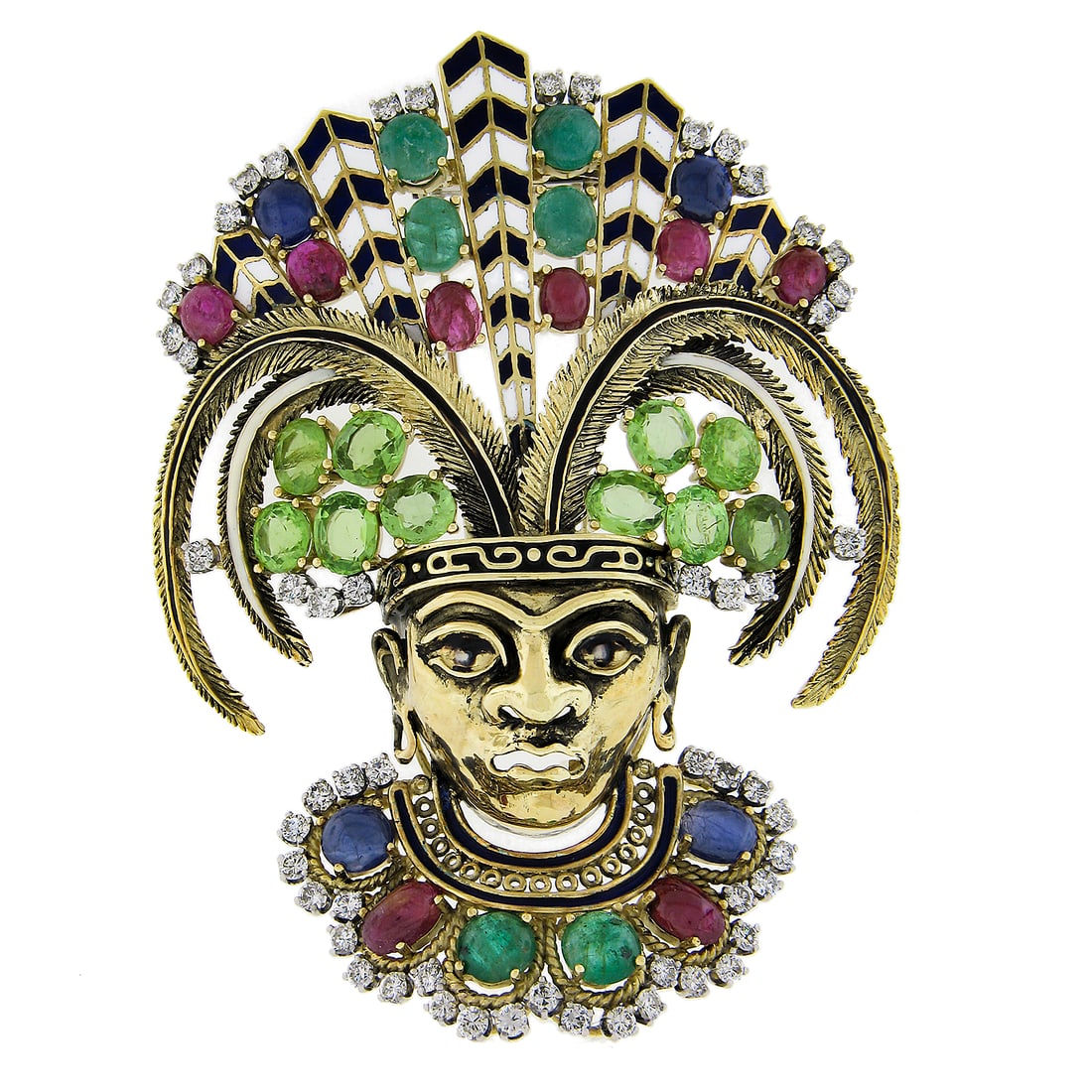 Vintage 18K Gold Tribal Face Brooch with Diamonds and Multi Color Gemstones: Vintage 18K Gold Tribal Face Brooch with Diamonds and Multi Color Gemstones Discover this exquisite Large Vintage 18K Gold Tribal Face Brooch, a stunning piece that combines intricate craftsmanship wi