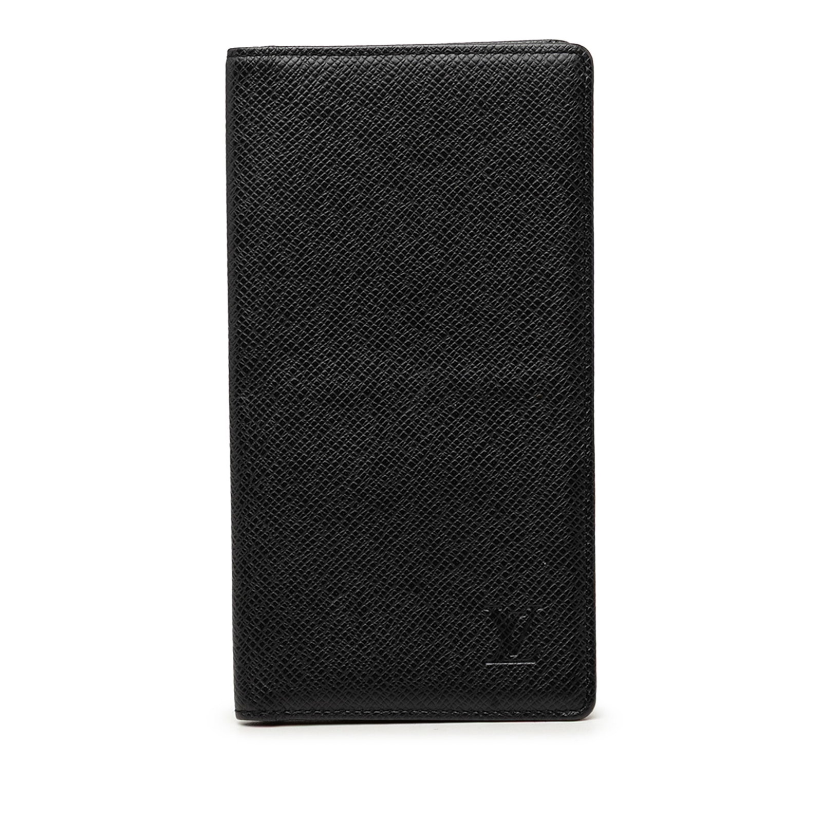 Louis Vuitton Brazza Wallet in Black Taiga Leather: Louis Vuitton Brazza Wallet in Black Taiga Leather Louis Vuitton Brazza wallet in black Taiga leather, made in France. It features a leather body with interior zip and slip pockets. The wallet measure