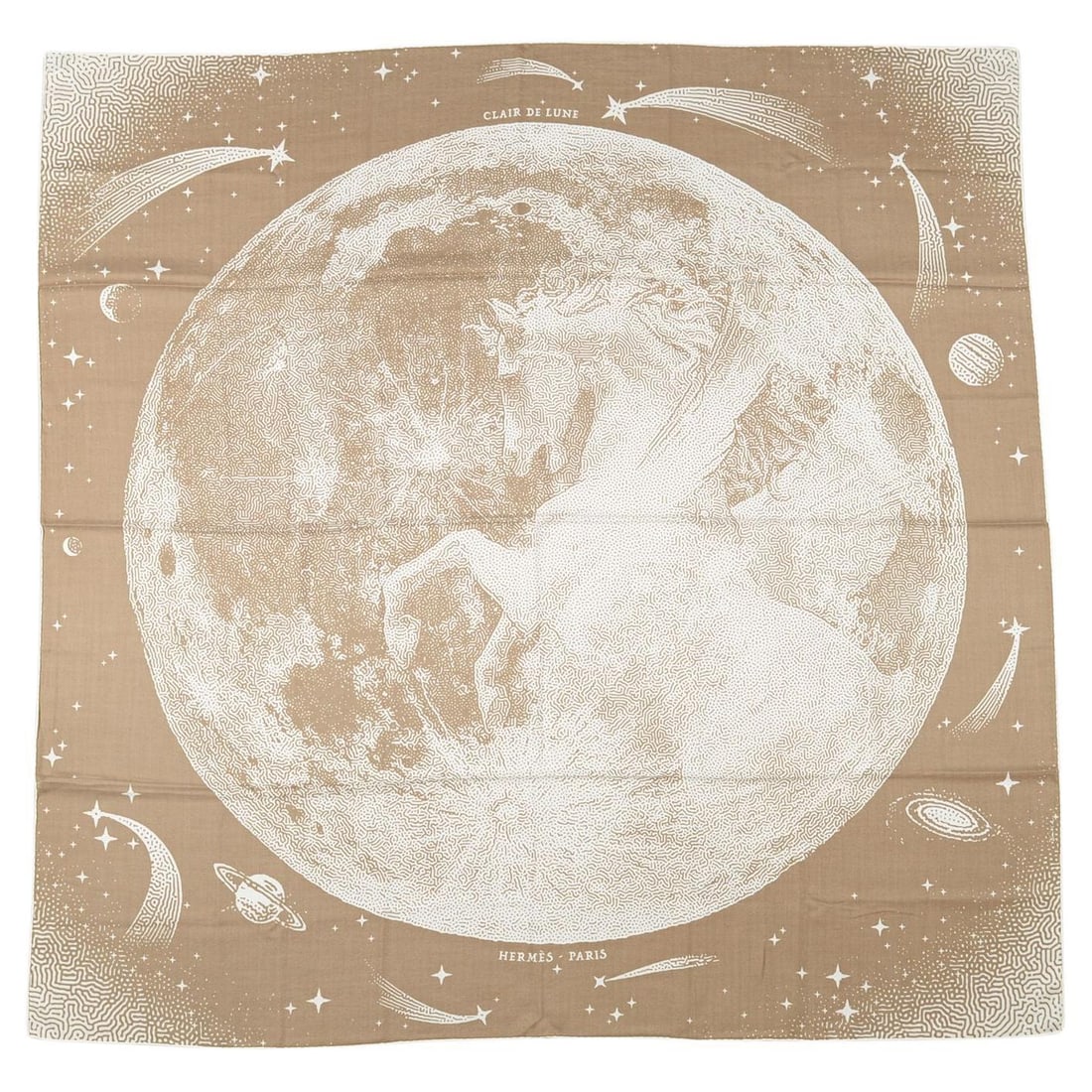 Clair de Lune Shawl in Cashmere by Hermes 52 Inch Square: Clair de Lune Shawl in Cashmere by Hermes 52 Inch Square Hermes "Clair de Lune" cashmere shawl designed by Dimitri Rybaltchenko features a hidden face of the moon, with the design divided between shad