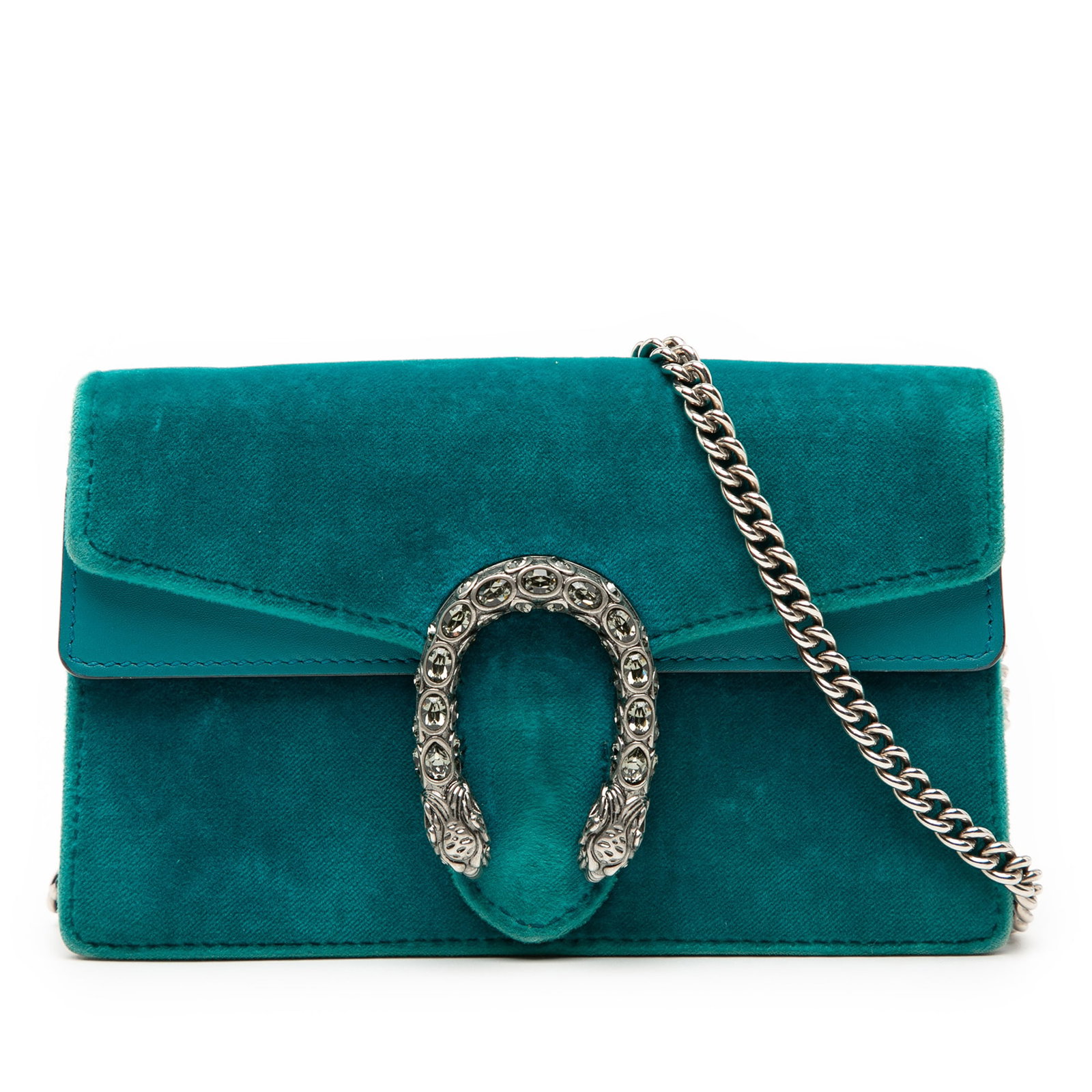 Mini Dionysus Blue Velvet Crossbody Bag with Chain Strap by Gucci: Mini Dionysus Blue Velvet Crossbody Bag with Chain Strap by Gucci This Gucci Mini Velvet Dionysus Crossbody features a velvet body with leather trim, a silver-tone chain strap, and a top flap with sna