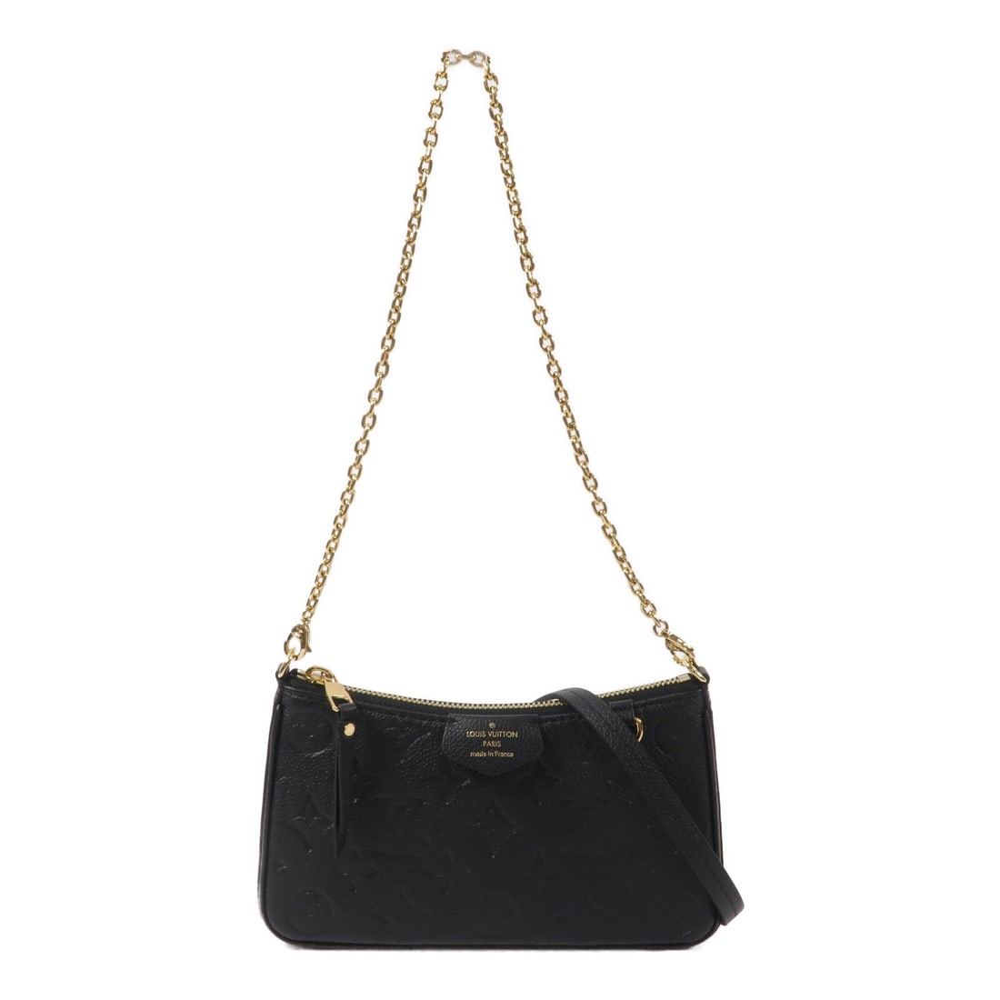 Louis Vuitton M80349 Easy Pouch on Strap Empreinte Shoulder Bag: Louis Vuitton M80349 Easy Pouch on Strap Empreinte Shoulder Bag A Louis Vuitton Easy Pouch On Strap 2-way shoulder bag in black Monogram Empreinte and calfskin (cowhide). It features gold-tone hardwar