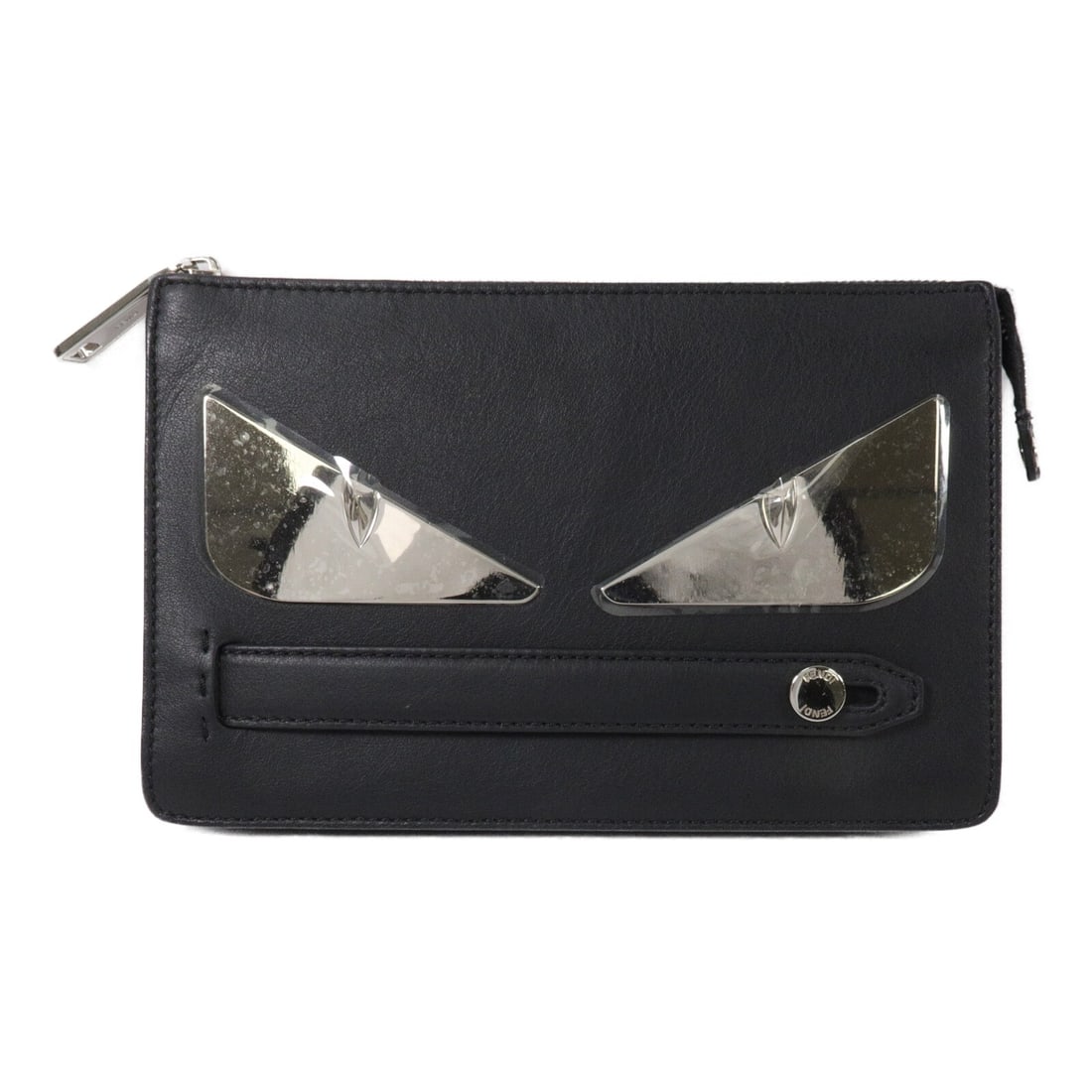 Fendi 7VA350 black calfskin clutch pouch with storage bag: Fendi 7VA350 black calfskin clutch pouch with storage bag A FENDI SHW pouch clutch bag in black calfskin leather, model 7VA350. It features a fastener closure, an inside zip pocket, and card slots. Th