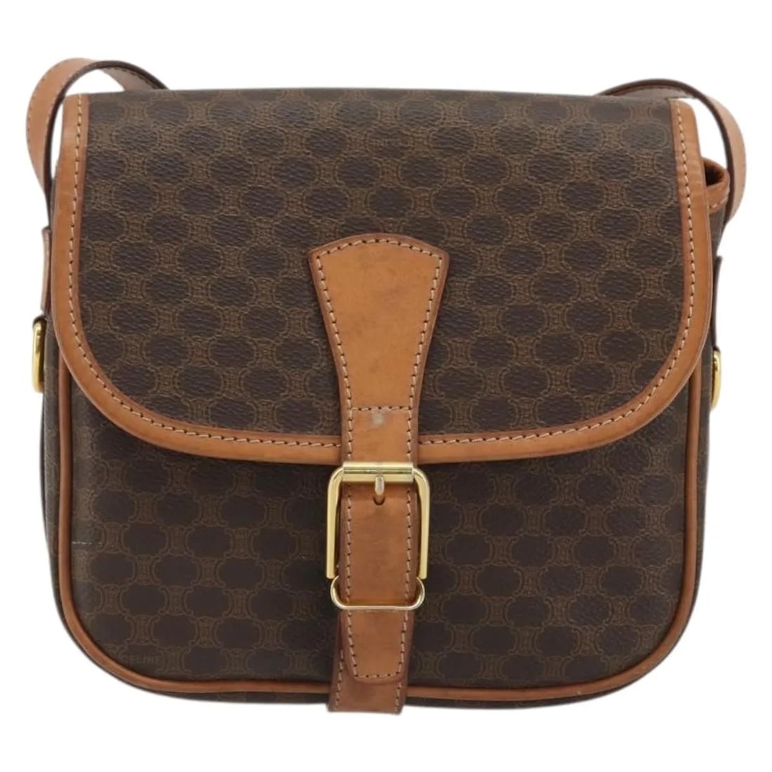 Celine Vintage Macadam shoulder bag brown canvas leather: Celine Vintage Macadam shoulder bag brown canvas leather This Celine Vintage Macadam Shoulder Bag features a classic brown canvas with leather accents, designed for unisex use. The bag shows signs of 