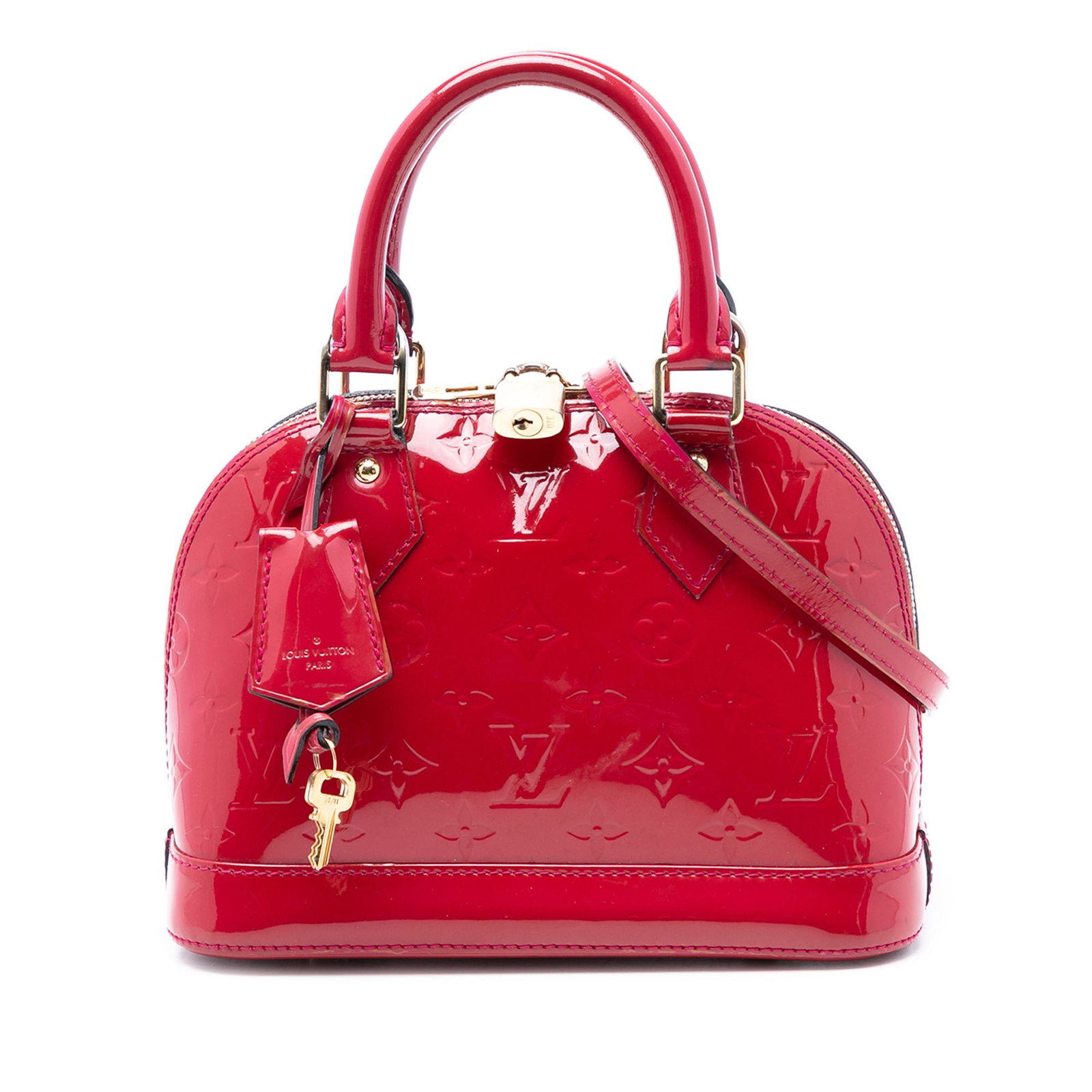 Louis Vuitton Pink Vernis Leather Alma BB Bag with Strap: Louis Vuitton Pink Vernis Leather Alma BB Bag with Strap This Louis Vuitton Monogram Vernis Alma BB handbag features a glossy vernis leather body in pink, rolled top handles, a detachable flat leather