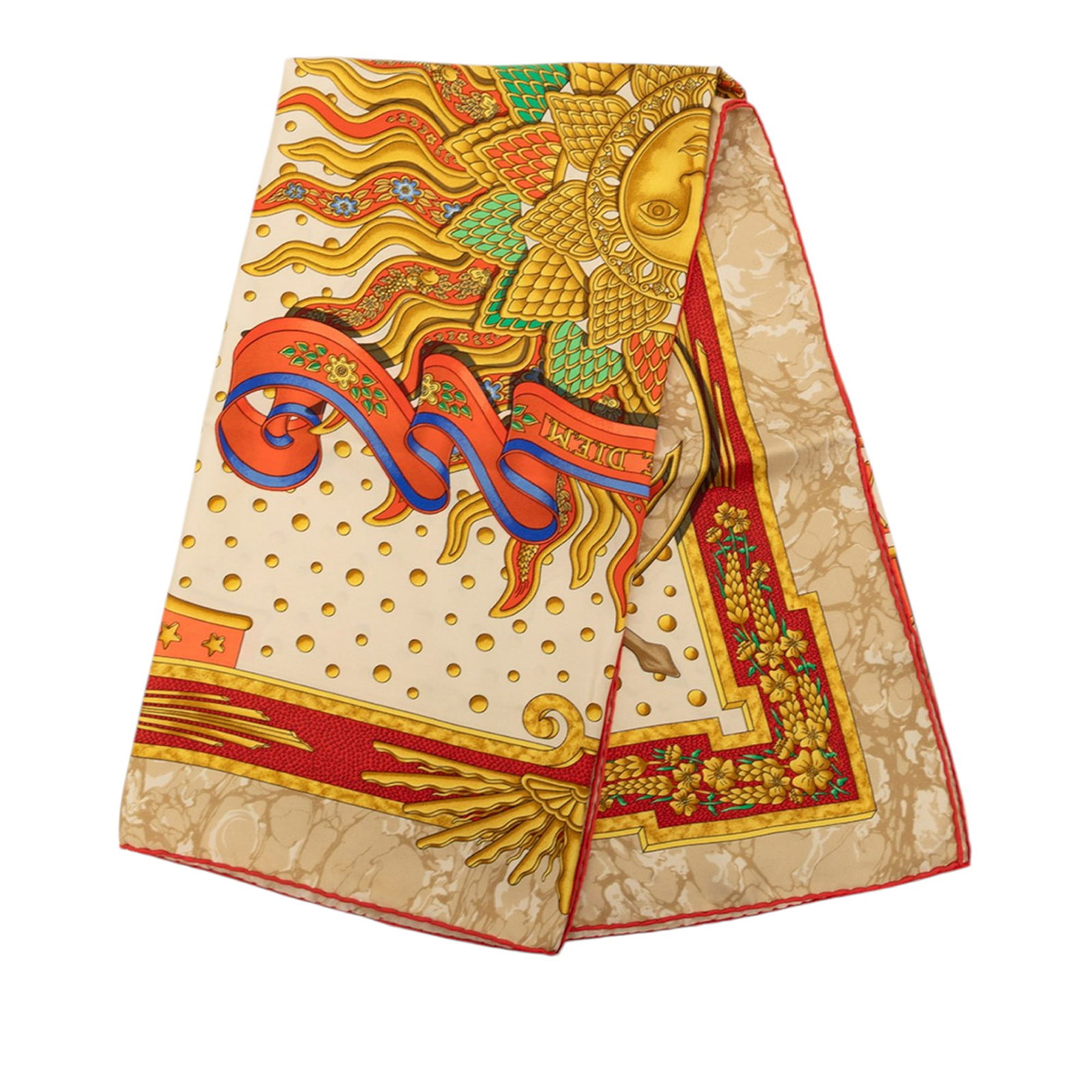 Hermes Carpe Diem 90 Silk Scarf Beige Made in Italy: Hermes Carpe Diem 90 Silk Scarf Beige Made in Italy A Hermes Carpe Diem silk scarf featuring the Carpe Diem print. It is made of 100% silk and presented in beige. Origin: Italy. Condition: AB. Specifi