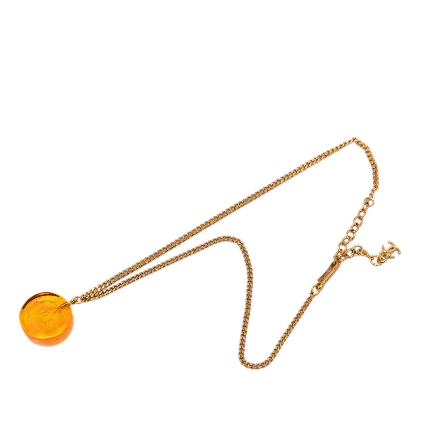 Chanel Camellia CC Round Pendant Necklace Gold Tone Resin: Chanel Camellia CC Round Pendant Necklace Gold Tone Resin Chanel CC Gold Plated Resin Camellia Round Pendant Necklace in gold tone metal with a resin pendant and hook closure. It is a costume piece ma