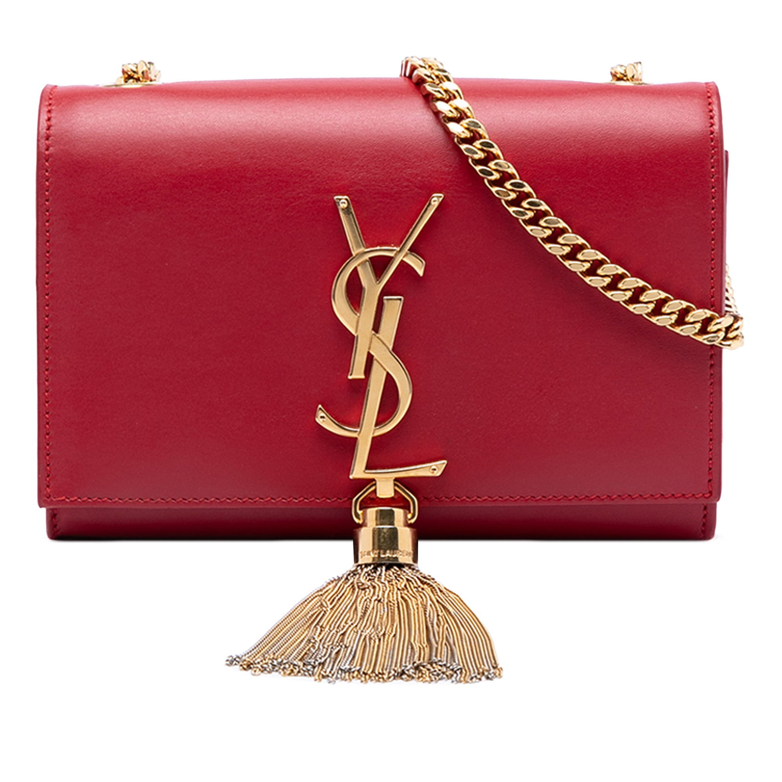 Saint Laurent Kate Small Red Calfskin Tassel Crossbody Bag: Saint Laurent Kate Small Red Calfskin Tassel Crossbody Bag Saint Laurent Small Smooth Calfskin Monogram Kate Tassel Crossbody bag in red leather, made in Italy. It features a calf leather body with ta
