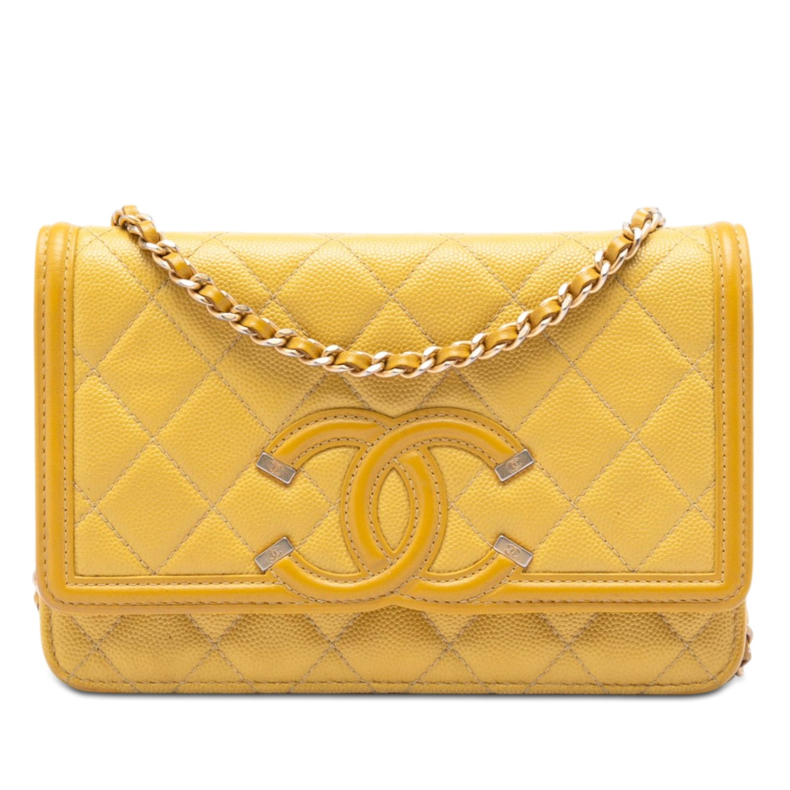 Chanel yellow caviar leather CC filigree chain wallet: Chanel yellow caviar leather CC filigree chain wallet This Chanel Caviar CC Filigree Wallet On Chain features a quilted caviar leather exterior in yellow, complemented by a leather-woven chain link st