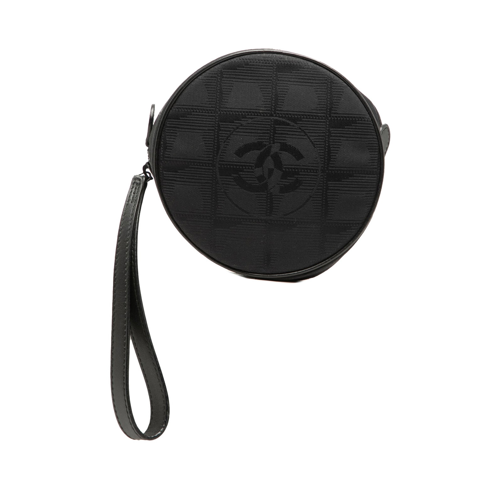 Black Nylon Wristlet Coin Pouch Chanel New Travel Line: Black Nylon Wristlet Coin Pouch Chanel New Travel Line This Chanel New Travel Line wristlet pouch features a durable nylon body with a flat leather wrist strap and a top zip closure. The pouch is desi