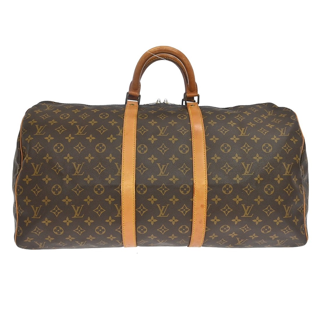 Louis Vuitton Keepall 55 Monogram Canvas Duffle Bag M41424: Louis Vuitton Keepall 55 Monogram Canvas Duffle Bag M41424 Vintage Louis Vuitton Keepall 55 travel handbag in brown Monogram canvas with leather trim and double handles. This extra-large duffle-style 